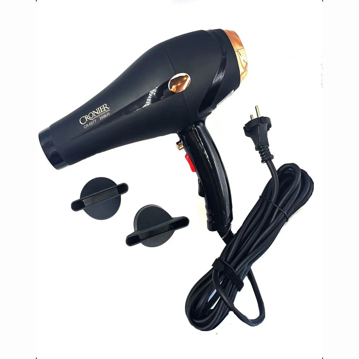 سشوار نیمه حرفه‌ای کرونر مدل CR-6677 2500W، موتور AC، توان مصرفی 2500 وات، دارای قابلیت باد سرد، فناوری تولید یون، وزن 540 گرم، به همراه 2 عدد سری متمرکزکننده