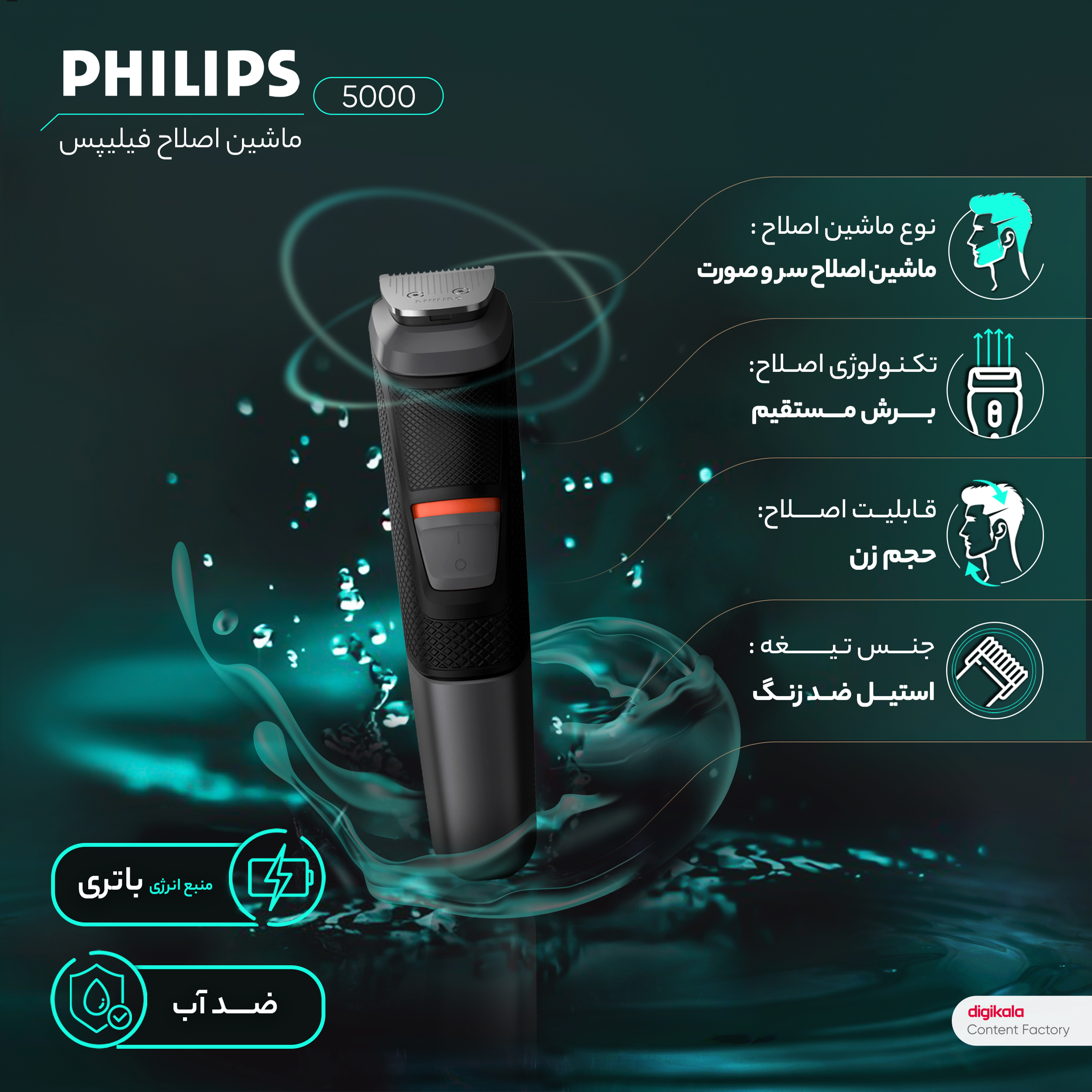 ماشین اصلاح موی سر و صورت فیلیپس مدل 5000 بههمراه موزن بینی pro، اصلاح به صورت حجمزن، ضد آب، منبع انرژی باتری قابل شارژ، تکنولوژی اصلاح به صورت برش مستقیم، مدت زمان شارژ سریع 5 دقیقه و مدت زمان استفاده پس از شارژ 80 دقیقه، بههمراه شارژر، کیف نگهداری