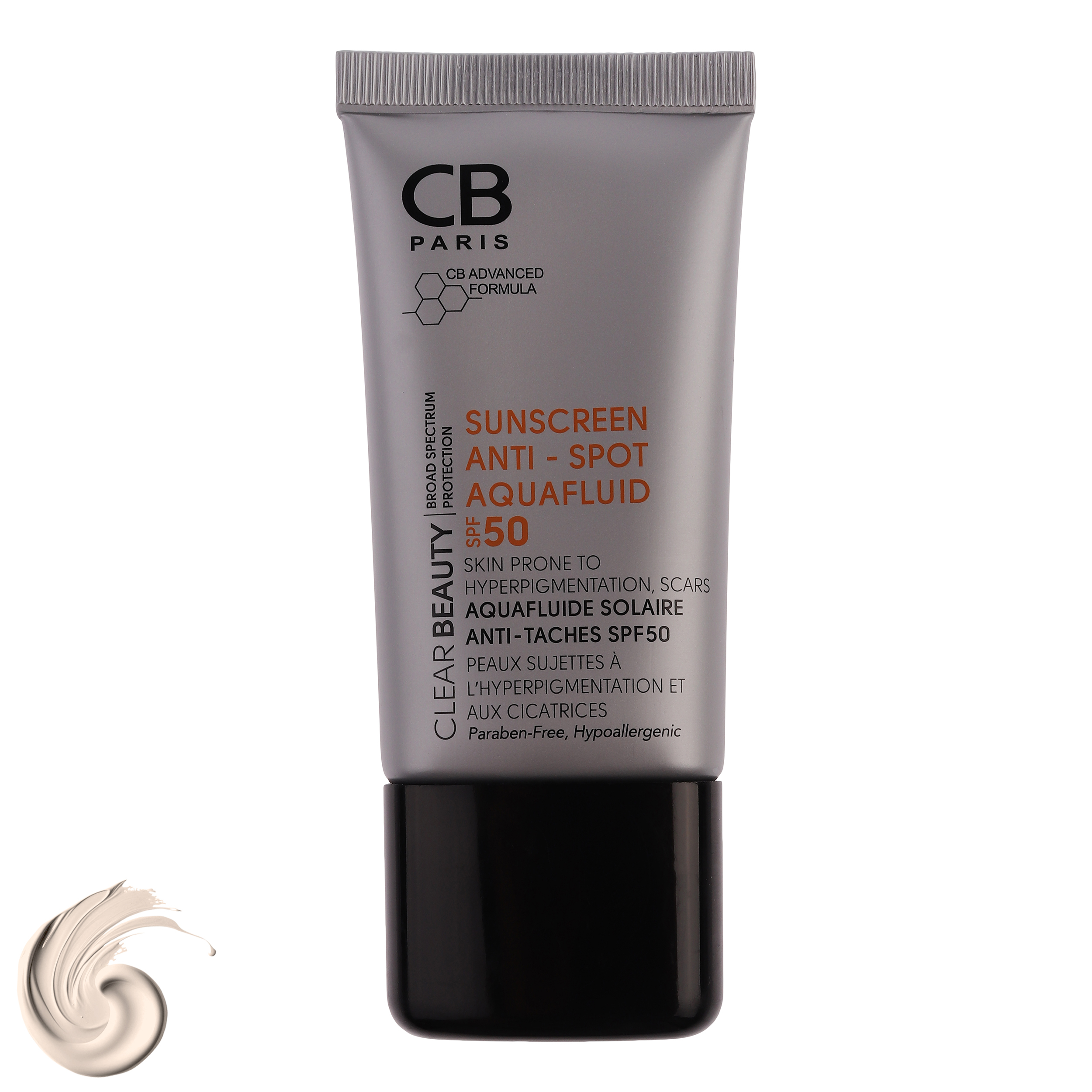 فلوئید ضد آفتاب بدون رنگ سی بی پاریس spf50 مدل Anti-Spot محافظ UVA،UVB مناسب پوست های  حساس و آکنه‌دار حجم 40 میلی لیتر