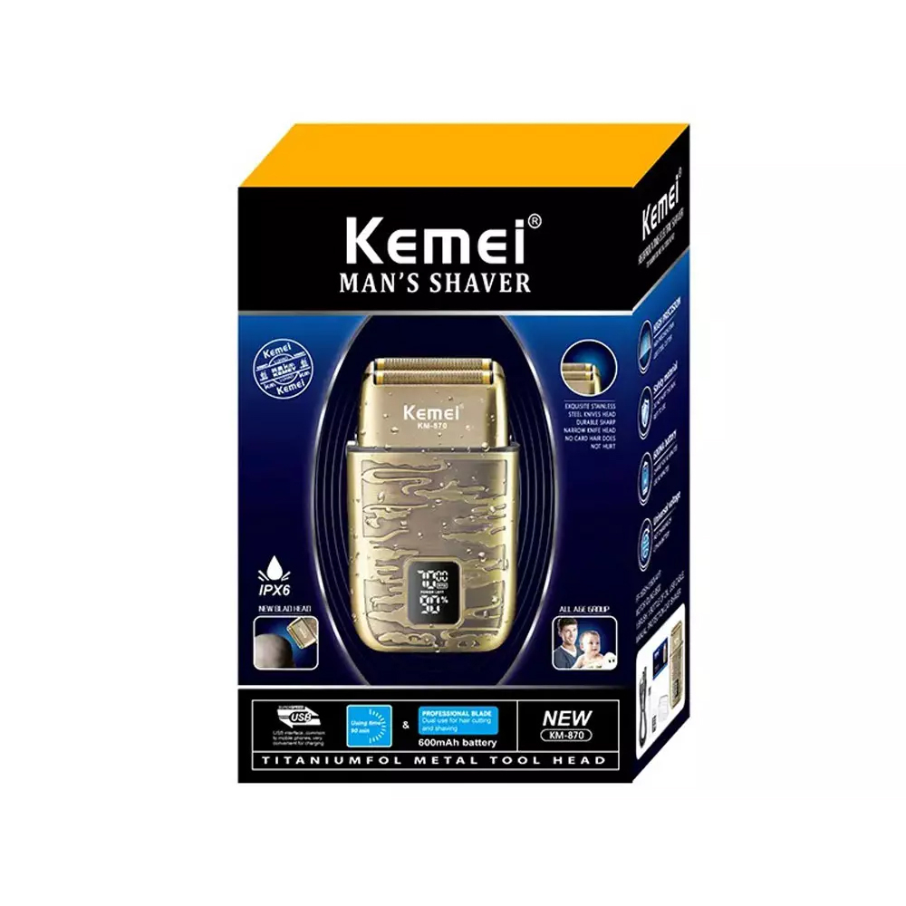 ماشین اصلاح موی صورت و بدن کیمی مدل KM-870، اصلاح به صورت صفر زن، ضد آب، نمایشگر LED، منبع انرژی با باتری قابل شارژ، تکنولوژی اصلاح به صورت شیو فویلی، مدت زمان شارژ 90 دقیقه و مدت زمان استفاده پس از شارژ 90 دقیقه، به‌همراه کابل شارژ USB، برس، روغن