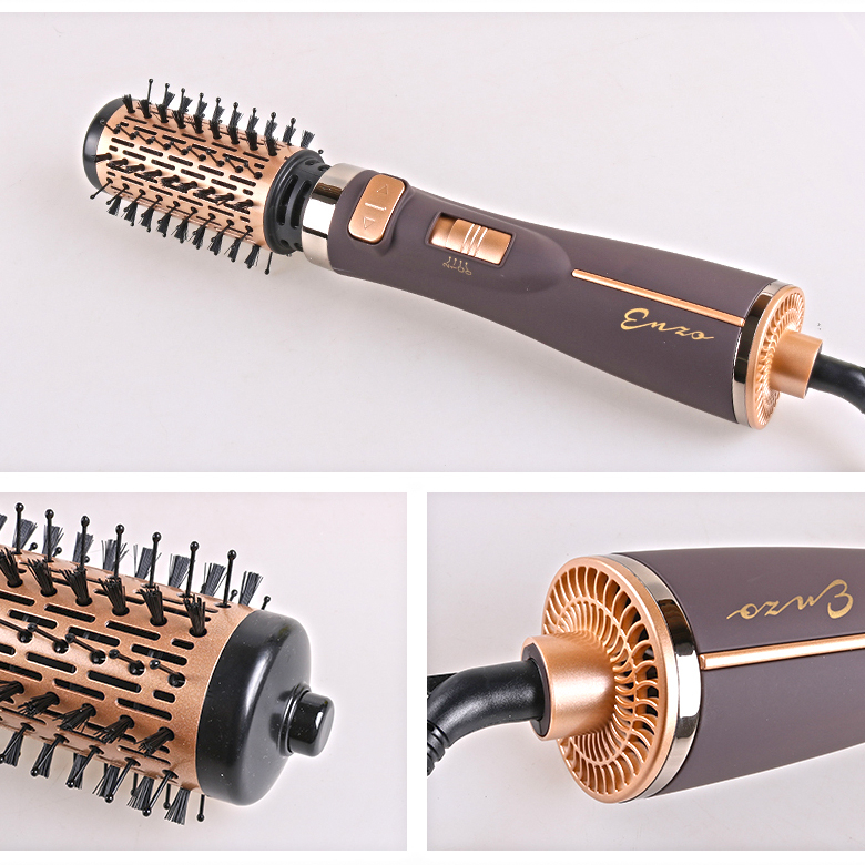 سشوار برسدار چرخشی حرفهای انزو مدل EN-743، موتور DC با توان مصرفی 1500 وات، دارای قابلیت تعویض سری، باد سرد، با حالت صافکننده و حجمدهنده، وزن 700 گرم، تنظیم حرارت 2 حالته و کنترل سرعت 2 حالته، به همراه 2 سری برسدار