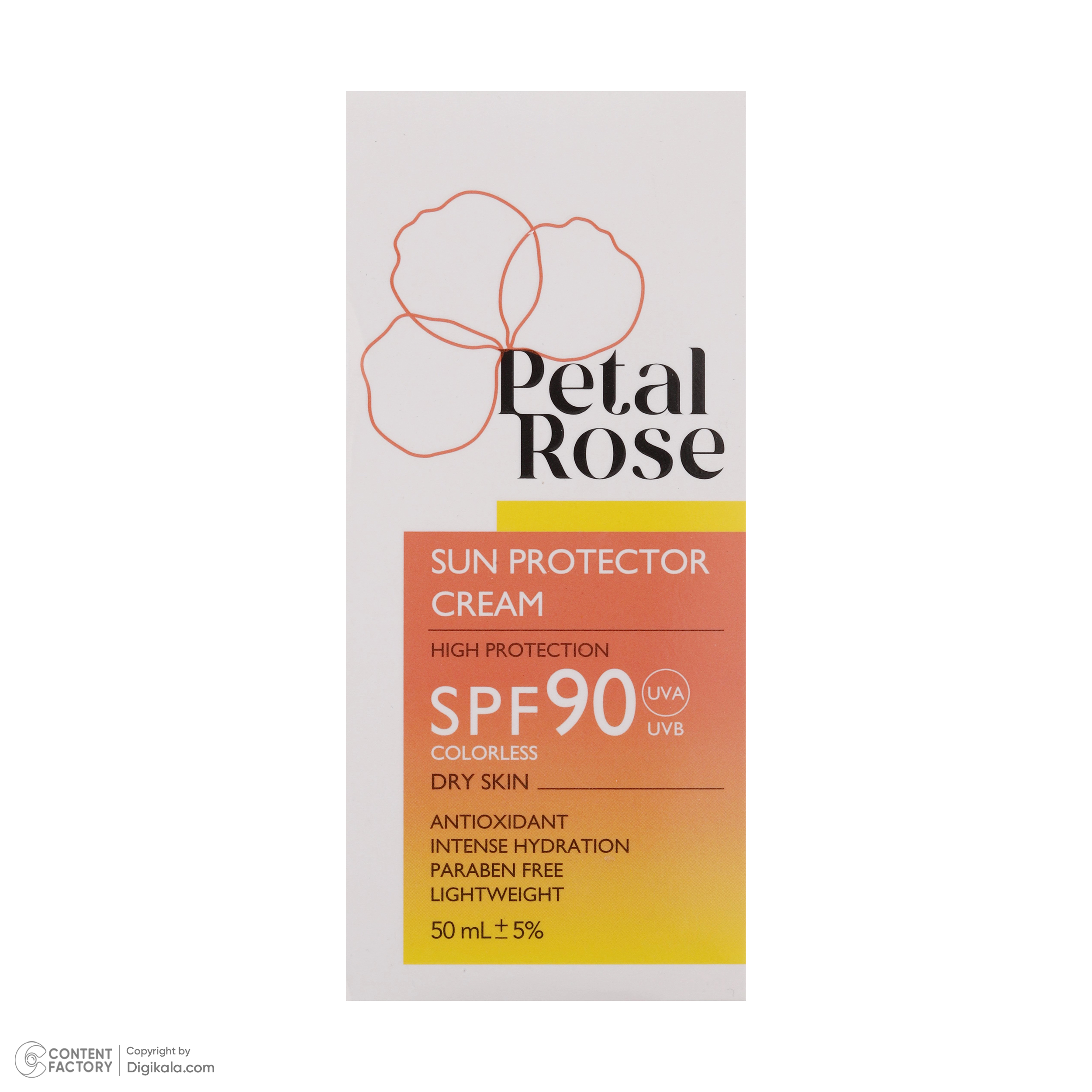 ضدآفتاب بی‌رنگ SPF90 پتال رز مدل High Protection مناسب پوست خشک، حجم 50 میلی‌لیتر