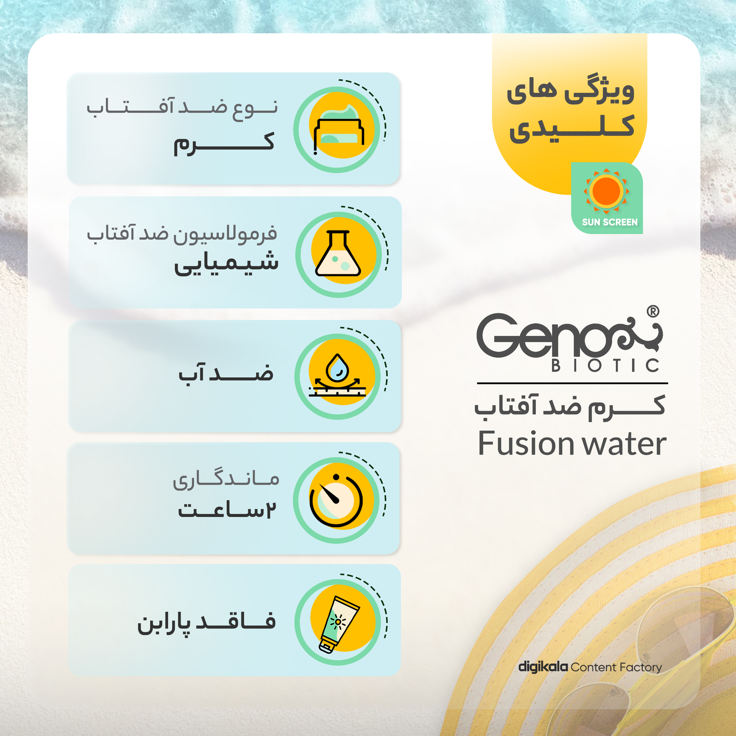 کرم ضدآفتاب بی‌رنگ ژنوبایوتیک مدل Fusion water مناسب انواع پوست، حجم 30 میلی‌لیتر