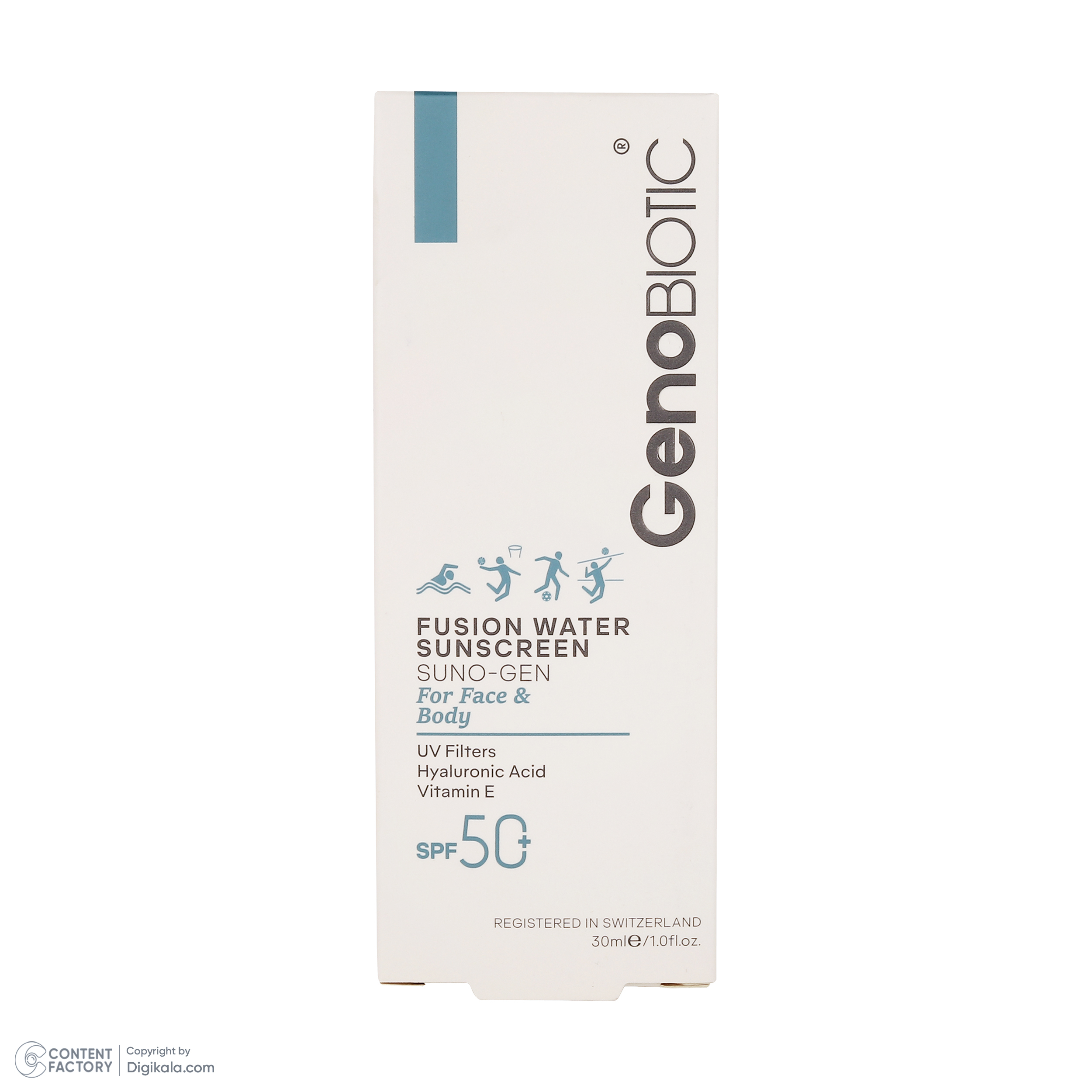 کرم ضدآفتاب بی‌رنگ ژنوبایوتیک، مدل Fusion water، حاوی محافظ UVA ،UVB، ضدآب، فاقد چربی، بدون پارابن، حاوی ویتامین E و هیالورونیک اسید مناسب انواع پوست، حجم 30 میلی‌لیتر