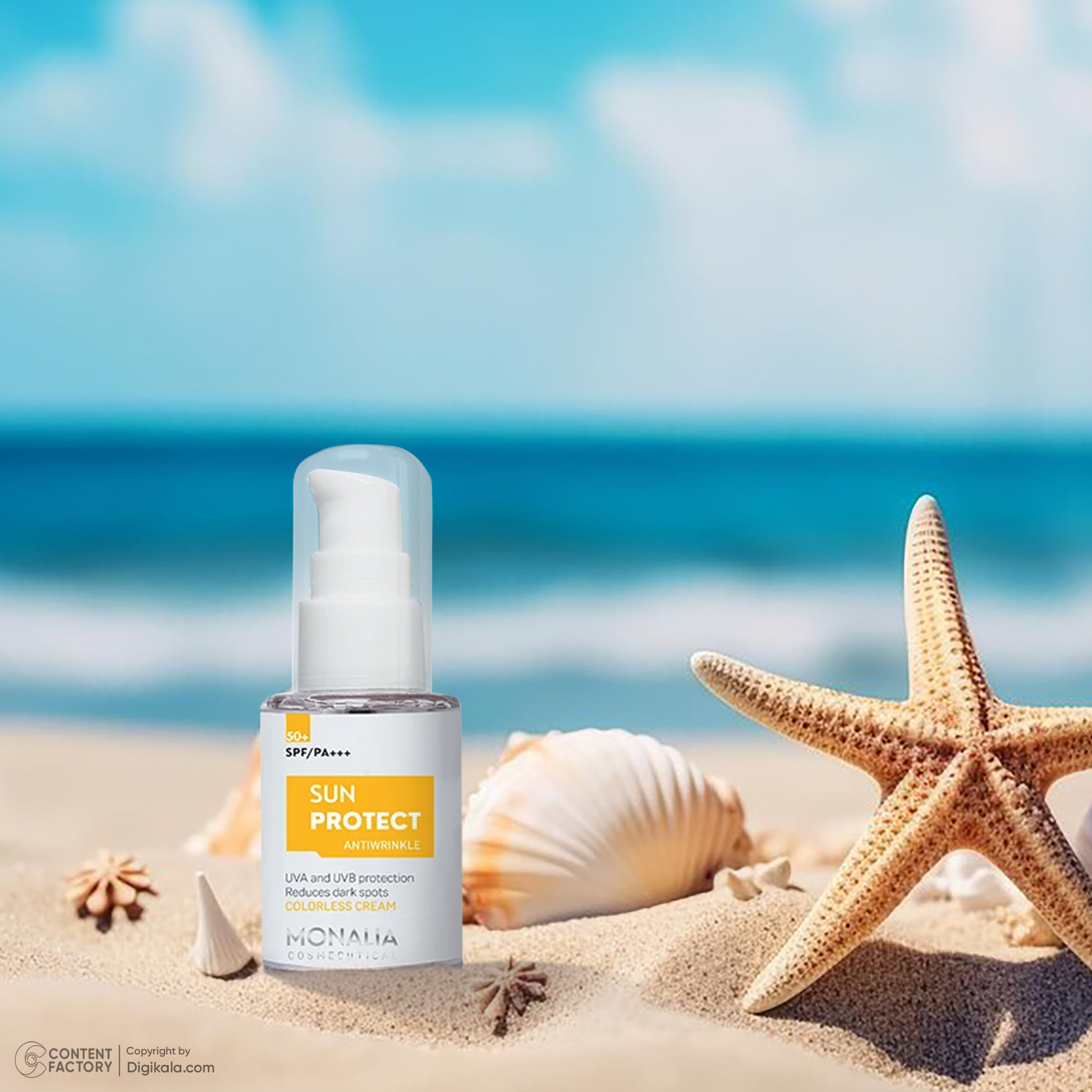 کرم ضد آفتاب بی‌‌‌رنگ مونالیا، 50 SPF، مدل SUNPROTECT،  مناسب انواع پوست با حجم 30 میلی‌لیتر، محافظت‌کننده در برابر اشعه‌های UVA و UVB، ضد آب، PA+++، ضد چروک، دارای فرمولاسیون کلاژن، ویتامین‌های E، C و B، بدون پارابن، الکل و چربی، با ماندگاری 3 ساعته