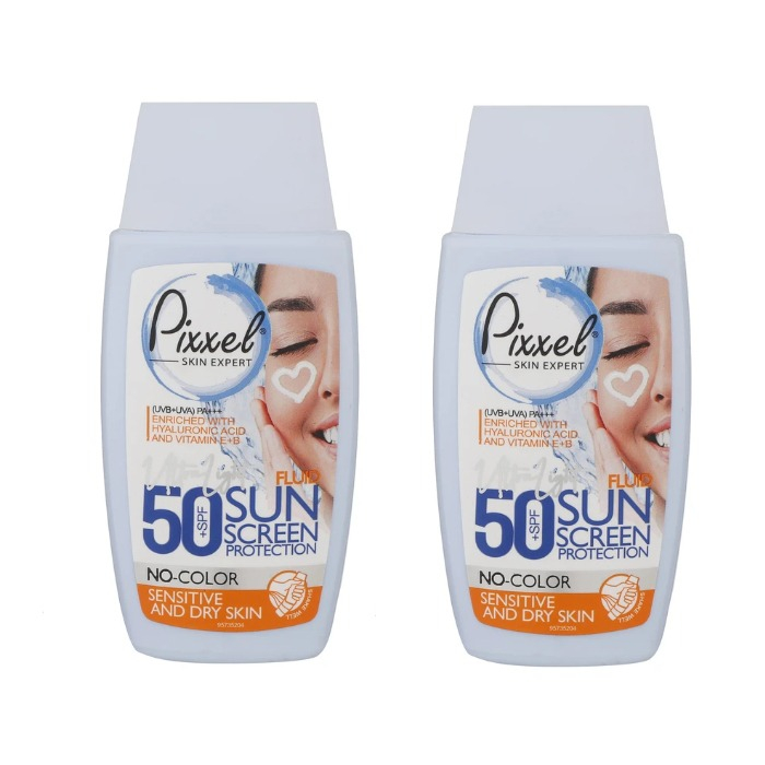 کرم ضدآفتاب بی‌رنگ پیکسل، با SPF50، مدل Sensitive، حاوی محافظ UVA ،UVB و +++PA، فاقد گلیسیرین، حاوی ویتامین E و B+، مناسب پوست‌های خشک و حساس، حجم 50 میلی‌لیتر مجموعه دو عددی
