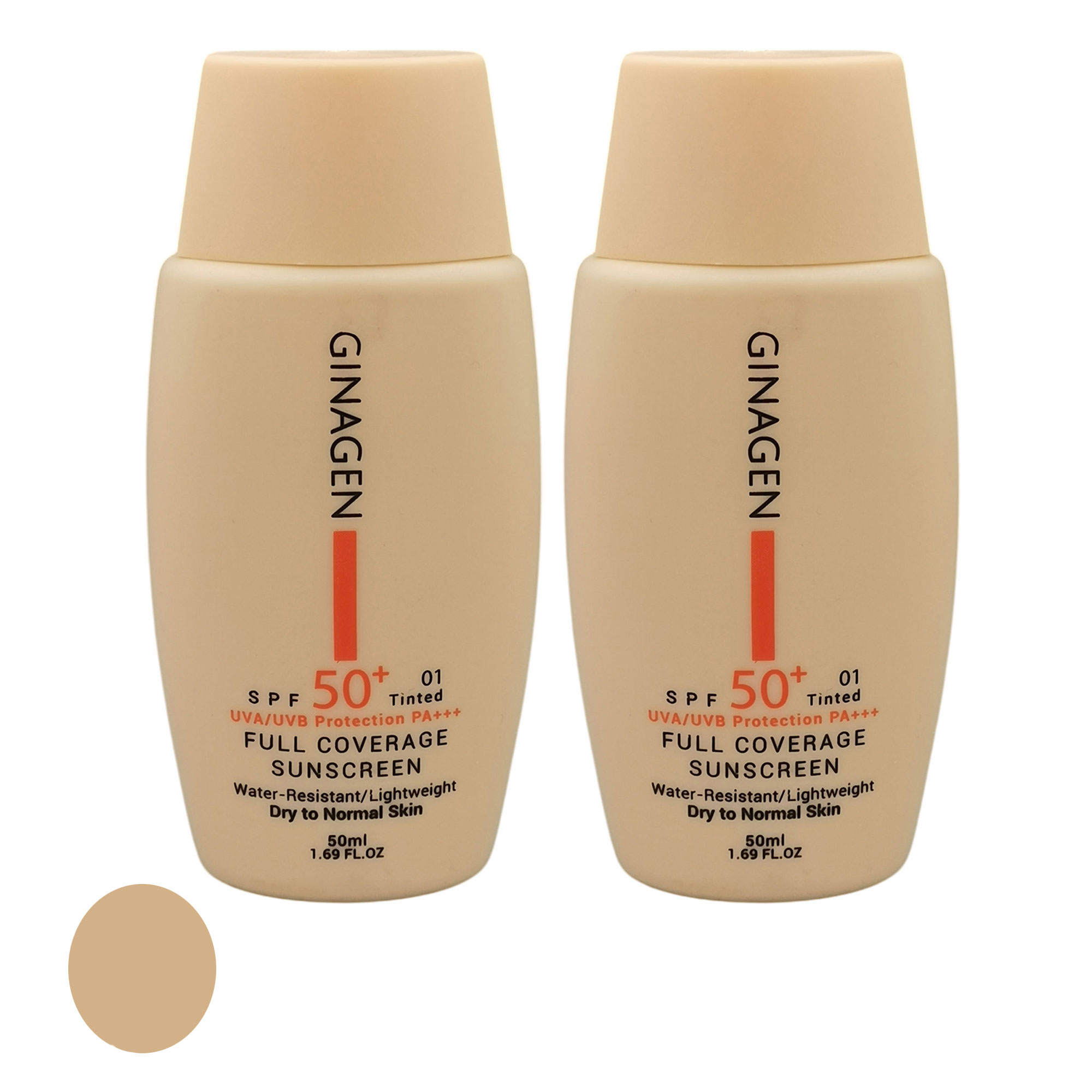 کرم ضد آفتاب رنگی ژیناژن SPF 50 مدل 01 محافظ UVA ،UVB ضد حساسیت، ضد چروک و ضد پیری، مناسب پوست‌های خشک و نرمال حجم 50 میلی لیتر مجموعه دو عددی