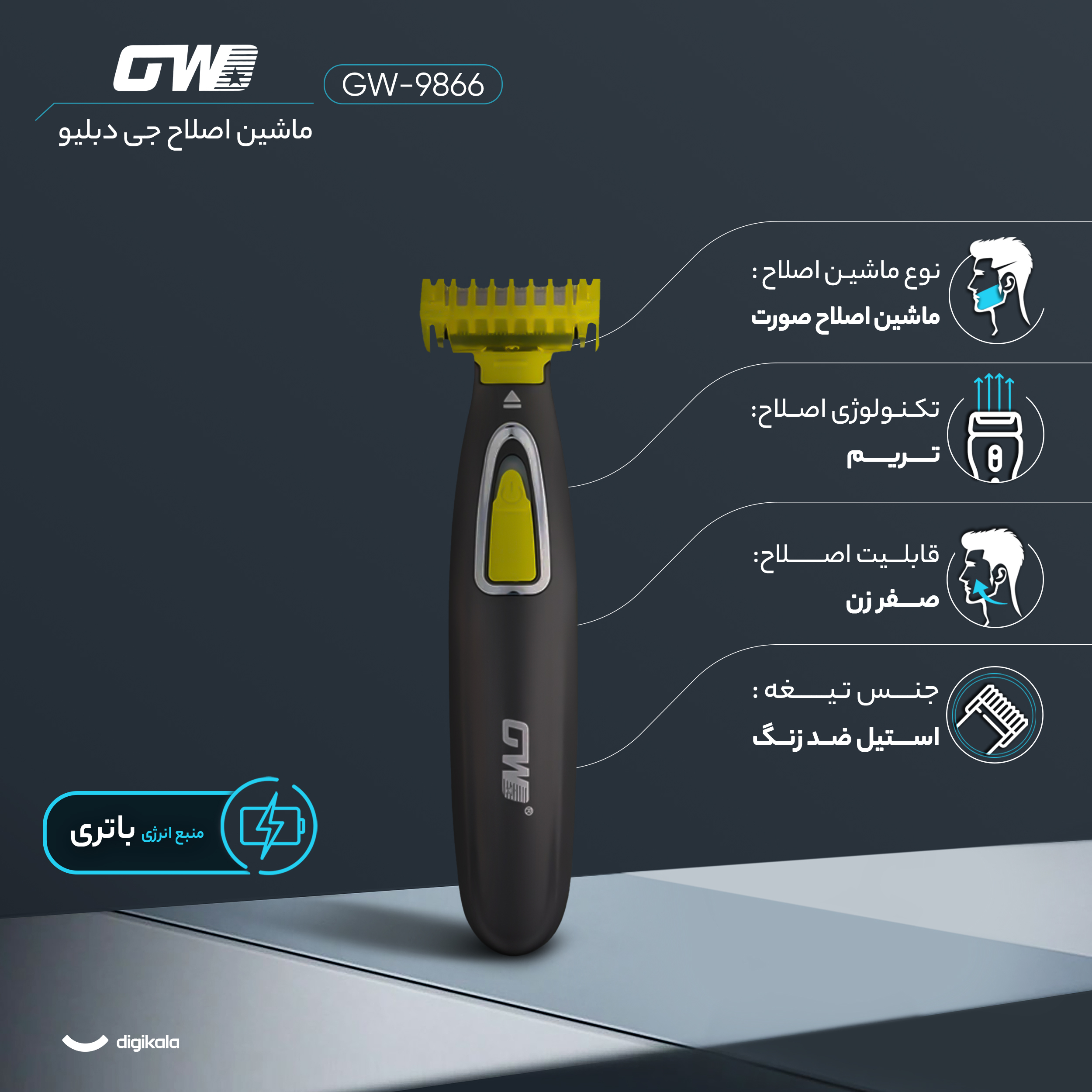 ماشین اصلاح موی صورت شارژی جی دبلیو مدل GW-9866، اصلاح به صورت صفر زن، طراحی ارگونومیک، منبع انرژی با باتری، تکنولوژی اصلاح به صورت تریمر، اندازه اصلاح 0.1 میلی‌متر، مدت زمان شارژ 480 دقیقه، دارای بدنه ضد لغزش، به همراه برس تمیزکننده و کابل شارژ USB