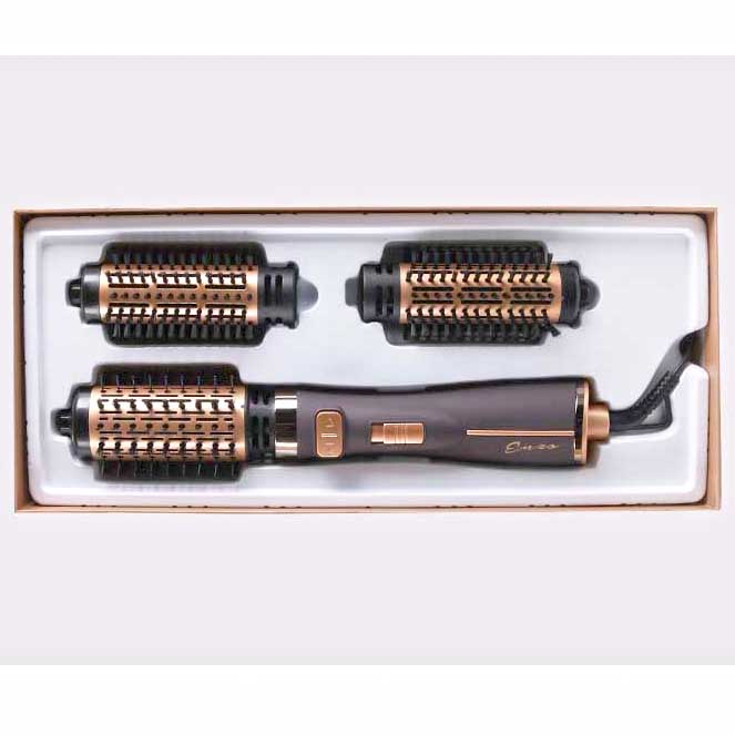 سشوار برسدار چرخشی حرفهای انزو مدل EN-743، موتور DC با توان مصرفی 1500 وات، دارای قابلیت تعویض سری، باد سرد، با حالت صافکننده و حجمدهنده، وزن 700 گرم، تنظیم حرارت 2 حالته و کنترل سرعت 2 حالته، به همراه 2 سری برسدار