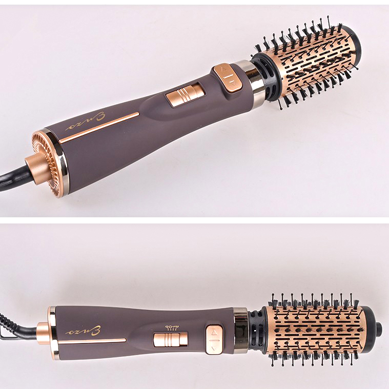 سشوار برسدار چرخشی حرفهای انزو مدل EN-743، موتور DC با توان مصرفی 1500 وات، دارای قابلیت تعویض سری، باد سرد، با حالت صافکننده و حجمدهنده، وزن 700 گرم، تنظیم حرارت 2 حالته و کنترل سرعت 2 حالته، به همراه 2 سری برسدار