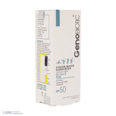 کرم ضدآفتاب بی‌رنگ ژنوبایوتیک، مدل Fusion water، حاوی محافظ UVA ،UVB، ضدآب، فاقد چربی، بدون پارابن، حاوی ویتامین E و هیالورونیک اسید مناسب انواع پوست، حجم 30 میلی‌لیتر