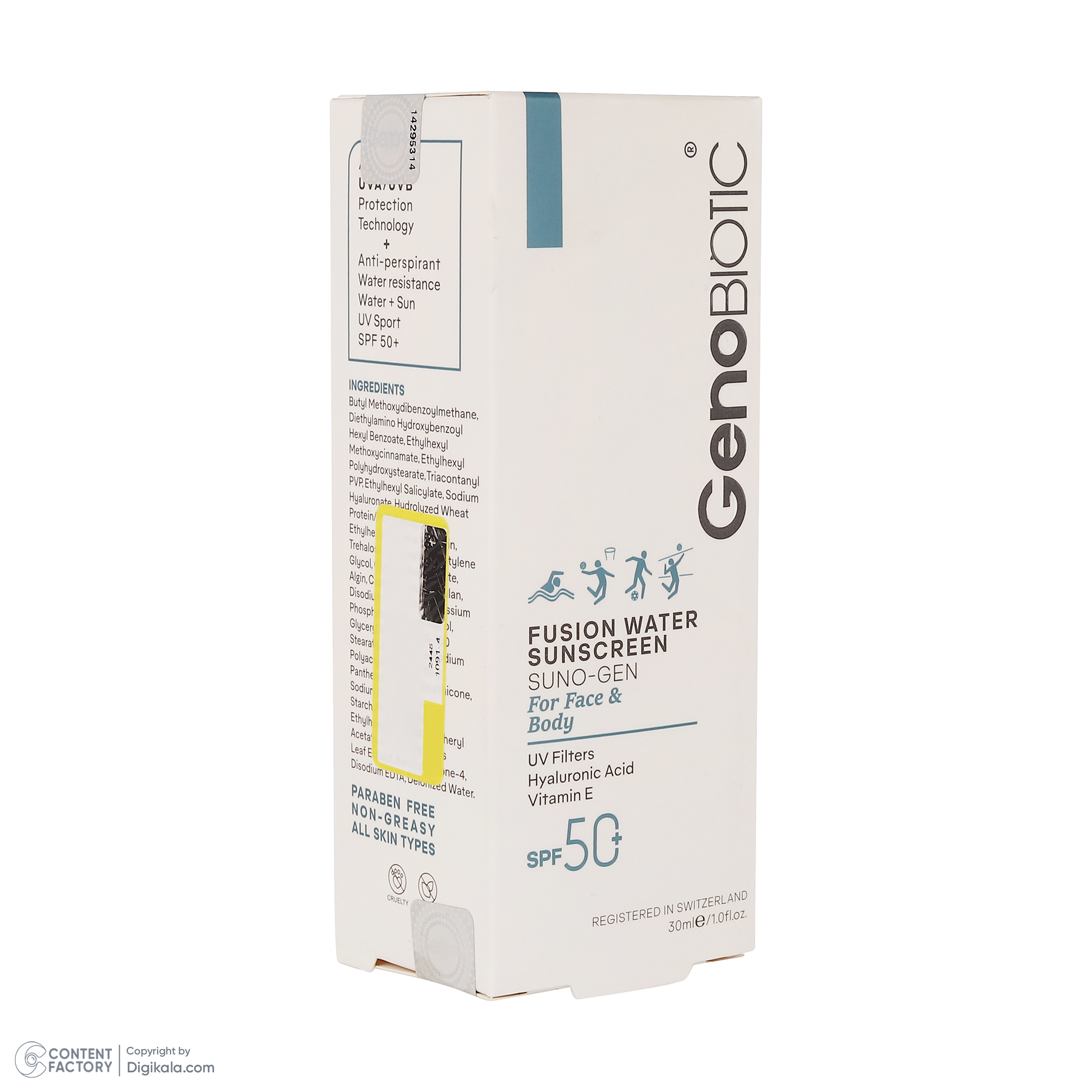 کرم ضدآفتاب بی‌رنگ ژنوبایوتیک، مدل Fusion water، حاوی محافظ UVA ،UVB، ضدآب، فاقد چربی، بدون پارابن، حاوی ویتامین E و هیالورونیک اسید مناسب انواع پوست، حجم 30 میلی‌لیتر