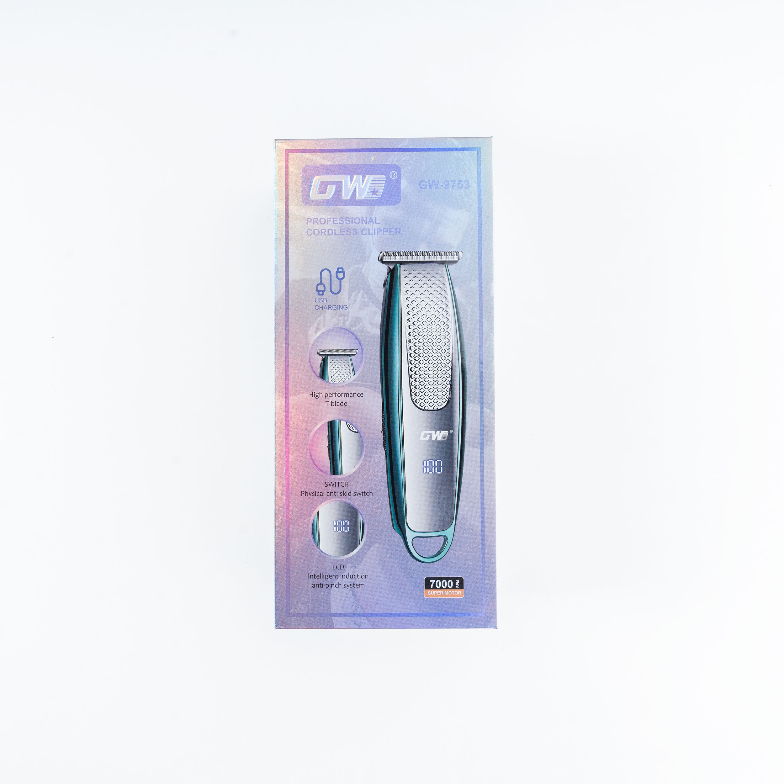 ماشین اصلاح موی سر و صورت جی دبلیو مدل GW-9753، اصلاح به صورت صفر زن، خط زن، نمایشگر وضعیت باتری، منبع انرژی با کابل USB، تکنولوژی اصلاح به صورت تریم، مدت زمان شارژ 90 دقیقه و مدت زمان استفاده پس از شارژ 100 دقیقه، به‌همراه کابل USB، محافظ، برس، روغن