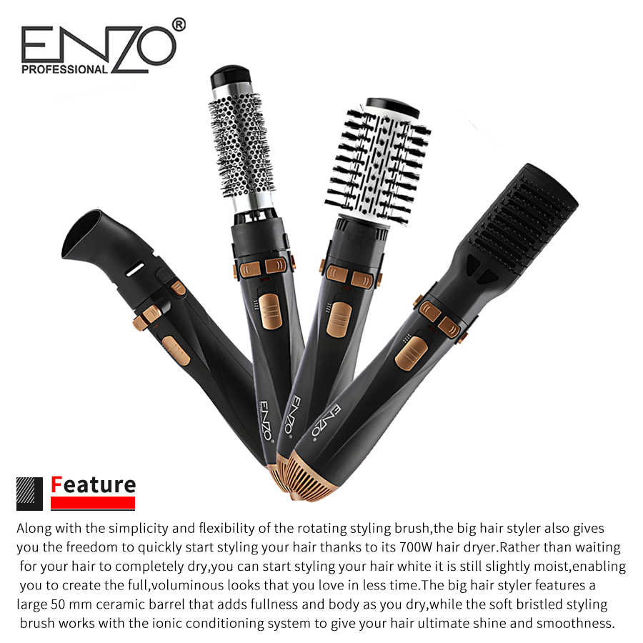 سشوار برس‌دار چرخشی حرفه‌ای انزو مدل EN-746، موتور AC با توان مصرفی 6600 وات، دارای قابلیت باد سرد، با حالت صاف‌کننده و حجم‌دهنده، وزن 400 گرم، تنظیم حرارت 2 حالته و کنترل سرعت 2 حالته، به همراه سری برس‌دار گرد باریک، پهن و تخت