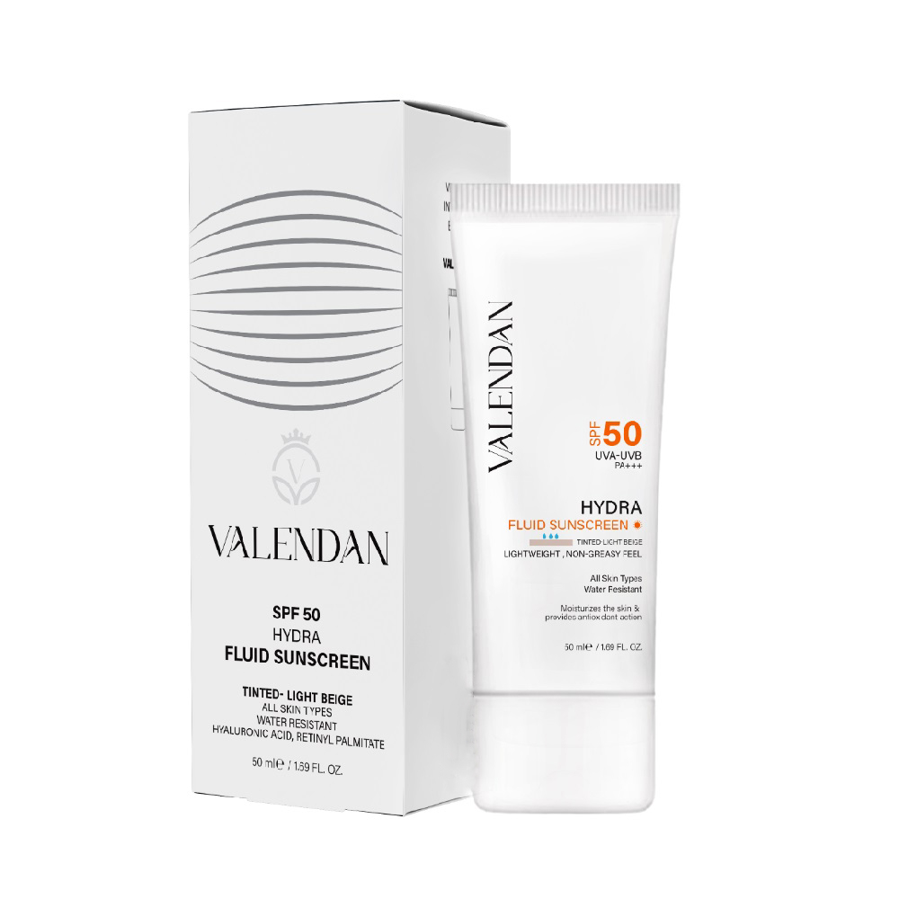 فلوئید ضد آفتاب رنگی صورت ولندان SPF 50 مدل HYD-LB محافظ UVA،UVB مناسب برای انواع پوست حجم 50 میلی لیتر