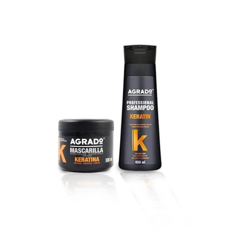 ماسک مو آگرادو مدل Keratina حجم 500 میلی لیتر به همراه شامپو مو مدل Keratin حجم 400 میلی لیتر