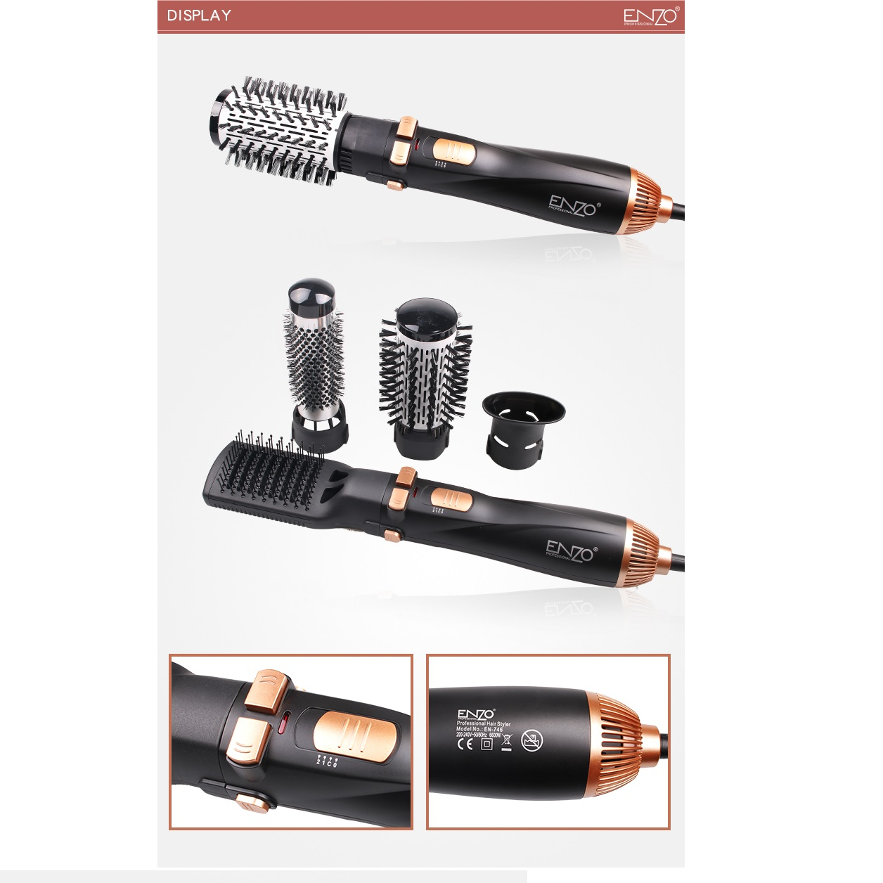 سشوار برس‌دار چرخشی حرفه‌ای انزو مدل EN-746، موتور AC با توان مصرفی 6600 وات، دارای قابلیت باد سرد، با حالت صاف‌کننده و حجم‌دهنده، وزن 400 گرم، تنظیم حرارت 2 حالته و کنترل سرعت 2 حالته، به همراه سری برس‌دار گرد باریک، پهن و تخت