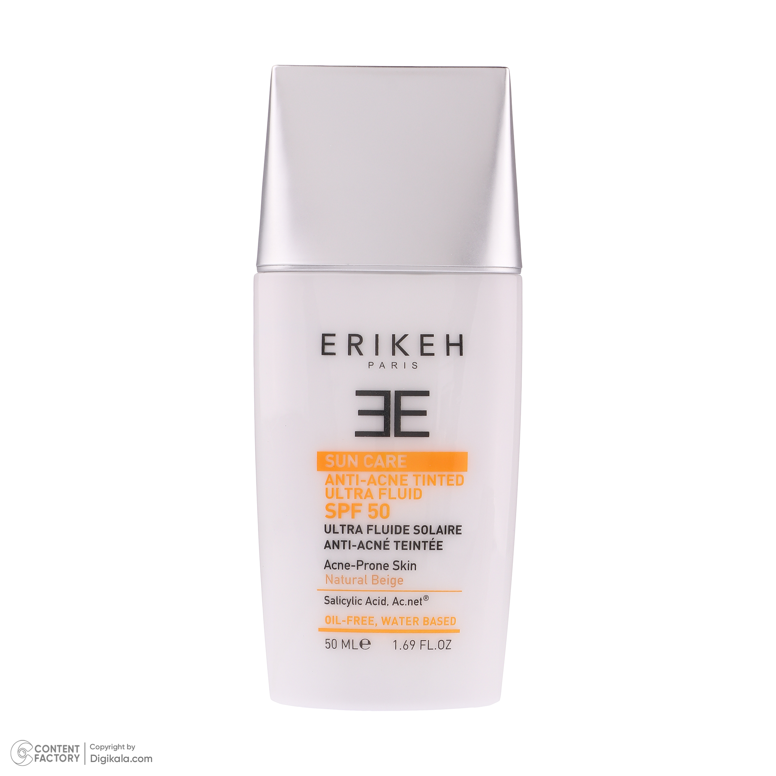 کرم ضد آفتاب رنگی صورت اریکه SPF 50 مدل Anti-Acne حاوی محافظ UVA و UVB مناسب پوست‌های آکنه‌ ای حجم 50 میلی لیتر