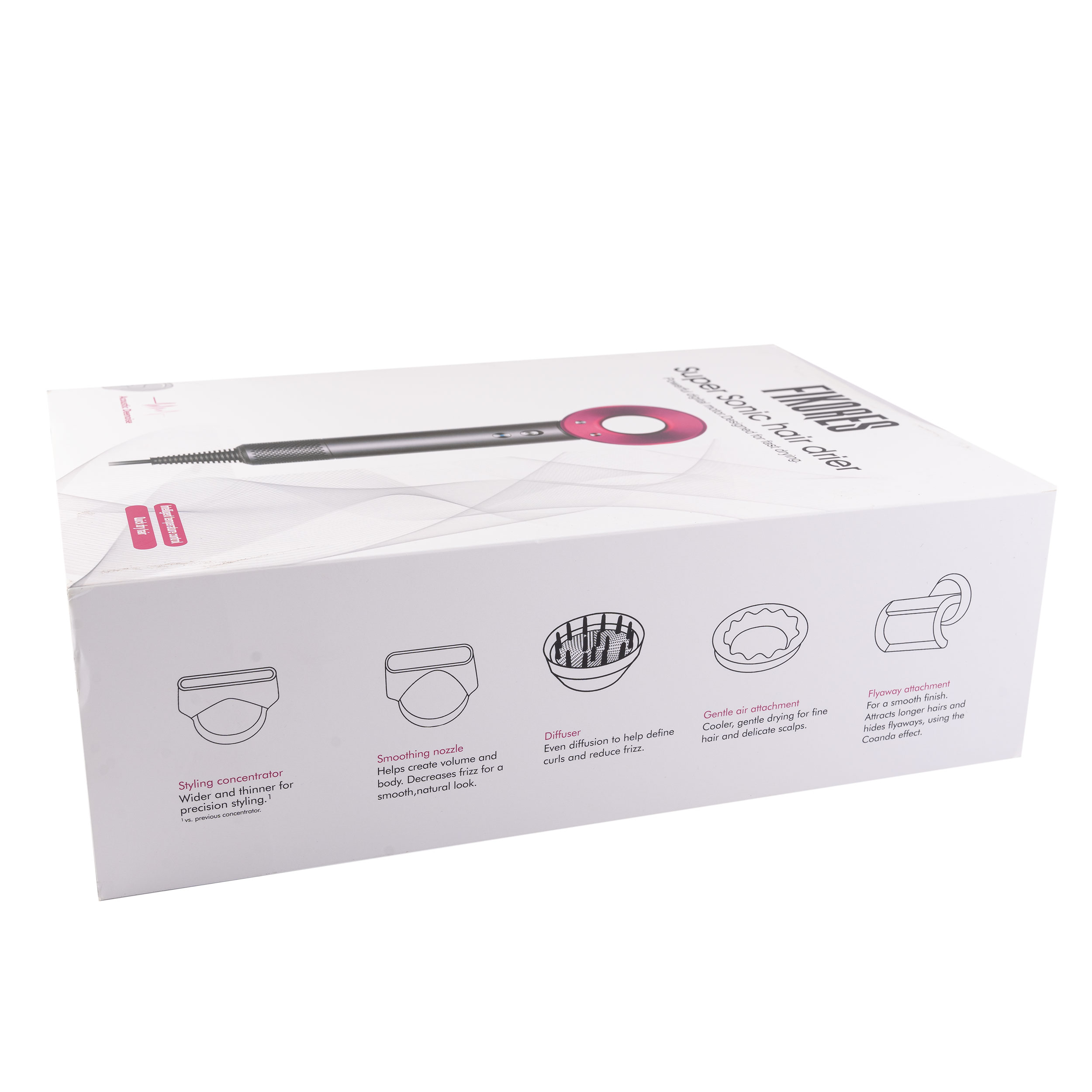 سشوار حرفه‌ای فیکورس مدل سوپرسونیک، موتور AC با توان مصرفی 1600 وات، دارای قابلیت باد سرد، قابلیت تعویض سری، دارای سیم گردان، با حالت صاف‌کننده و حجم‌دهنده، وزن 1200 گرم، تنظیم حرارت 3 حالته و کنترل سرعت 3 حالته، به همراه دیسپانسر و 5 عدد سری متمرکزکننده