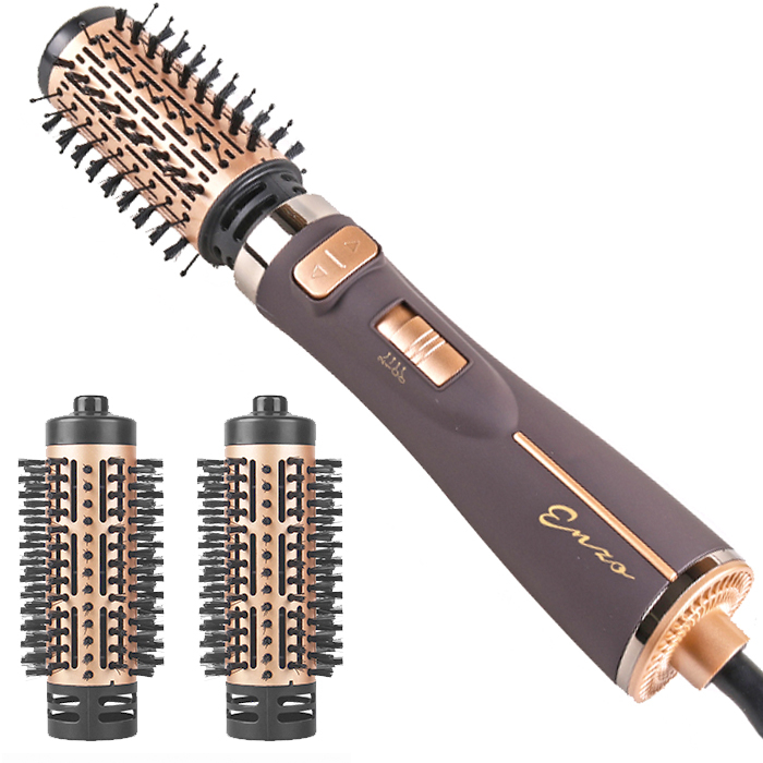 سشوار برسدار چرخشی حرفهای انزو مدل EN-743، موتور DC با توان مصرفی 1500 وات، دارای قابلیت تعویض سری، باد سرد، با حالت صافکننده و حجمدهنده، وزن 700 گرم، تنظیم حرارت 2 حالته و کنترل سرعت 2 حالته، به همراه 2 سری برسدار