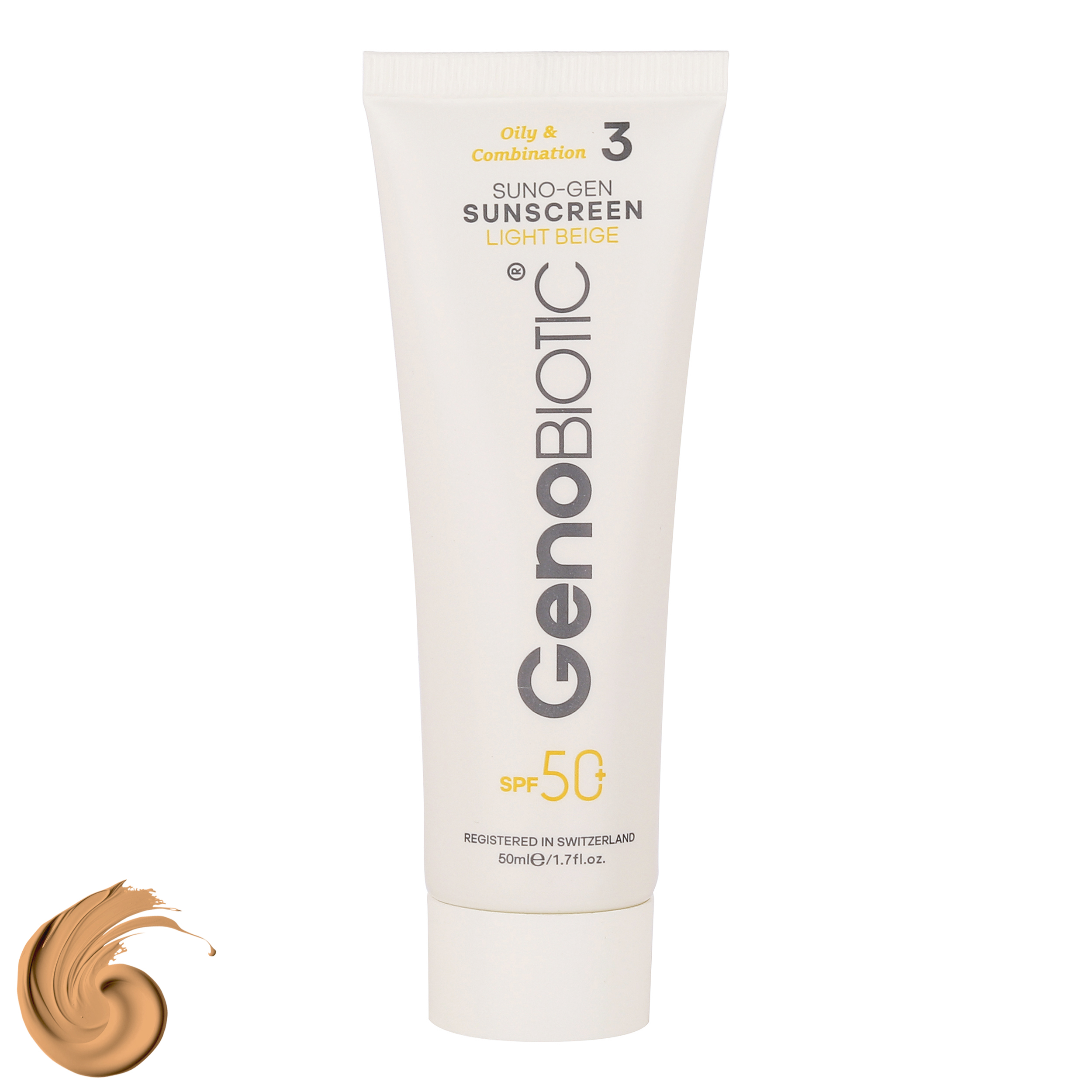 کرم ضدآفتاب رنگی ژنوبایوتیک SPF 50 مدل SUNO محافظ UVA ،UVB، مناسب پوست‌های چرب، حجم 50 میلی‌لیتر