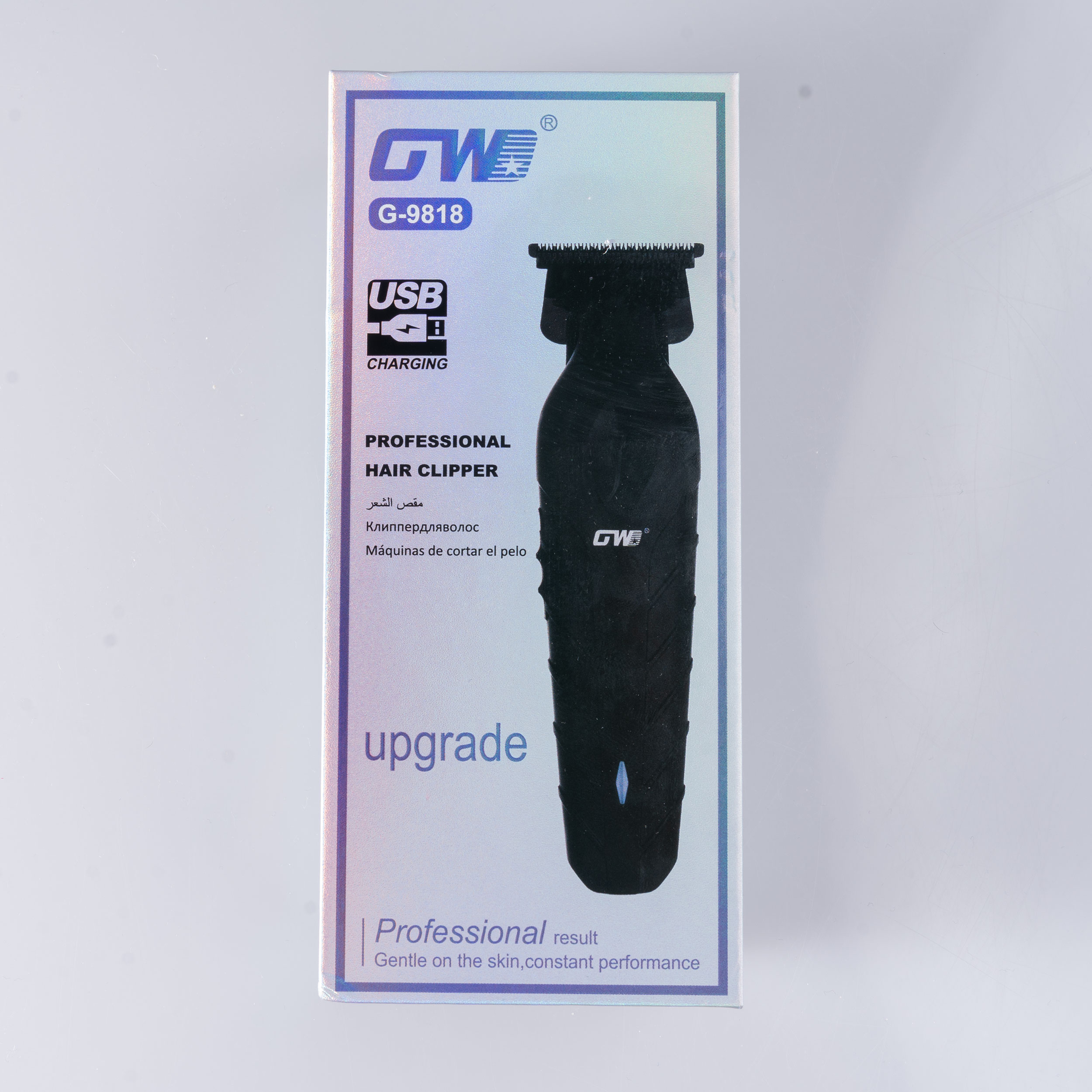 ماشین اصلاح موی سر و صورت جی دبلیو مدل G-9818، اصلاح به صورت صفر زن، خط زن، باقابلیت تنظیم سرعت و طراحی ارگونومیک، تکنولوژی اصلاح به صورت تریم، مدت زمان شارژ 120 دقیقه و مدت زمان استفاده پس از شارژ 100 دقیقه، دارای چراغ نشانگر عملکرد و شارژ و دو حالت سرعت