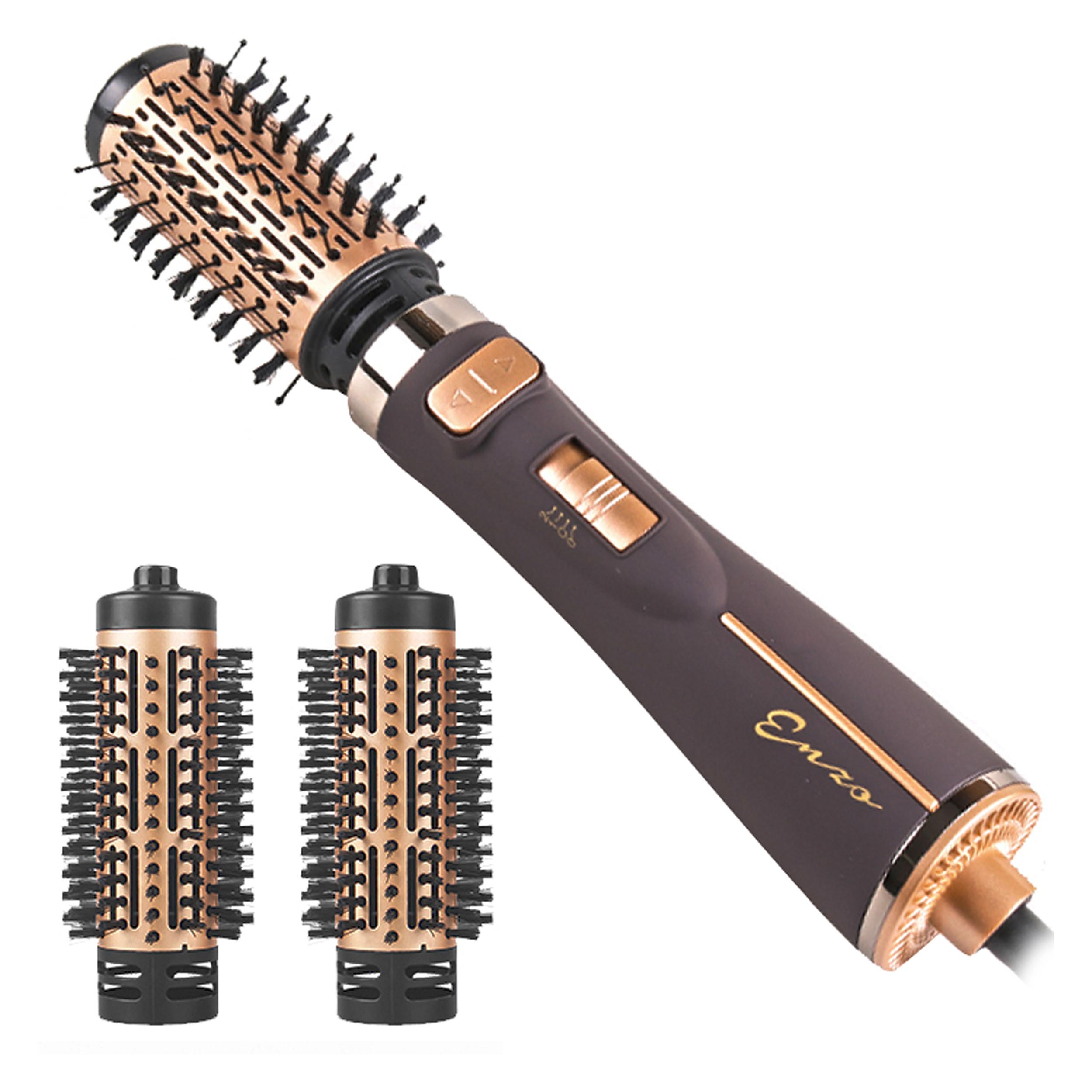 سشوار برس‌دار چرخشی حرفه‌ای انزو مدل EN-743، موتور DC با توان مصرفی 1500 وات، دارای قابلیت تعویض سری، باد سرد، با حالت صاف‌کننده و حجم‌دهنده، وزن 700 گرم، تنظیم حرارت 2 حالته و کنترل سرعت 2 حالته، به همراه 2 سری برس‌دار