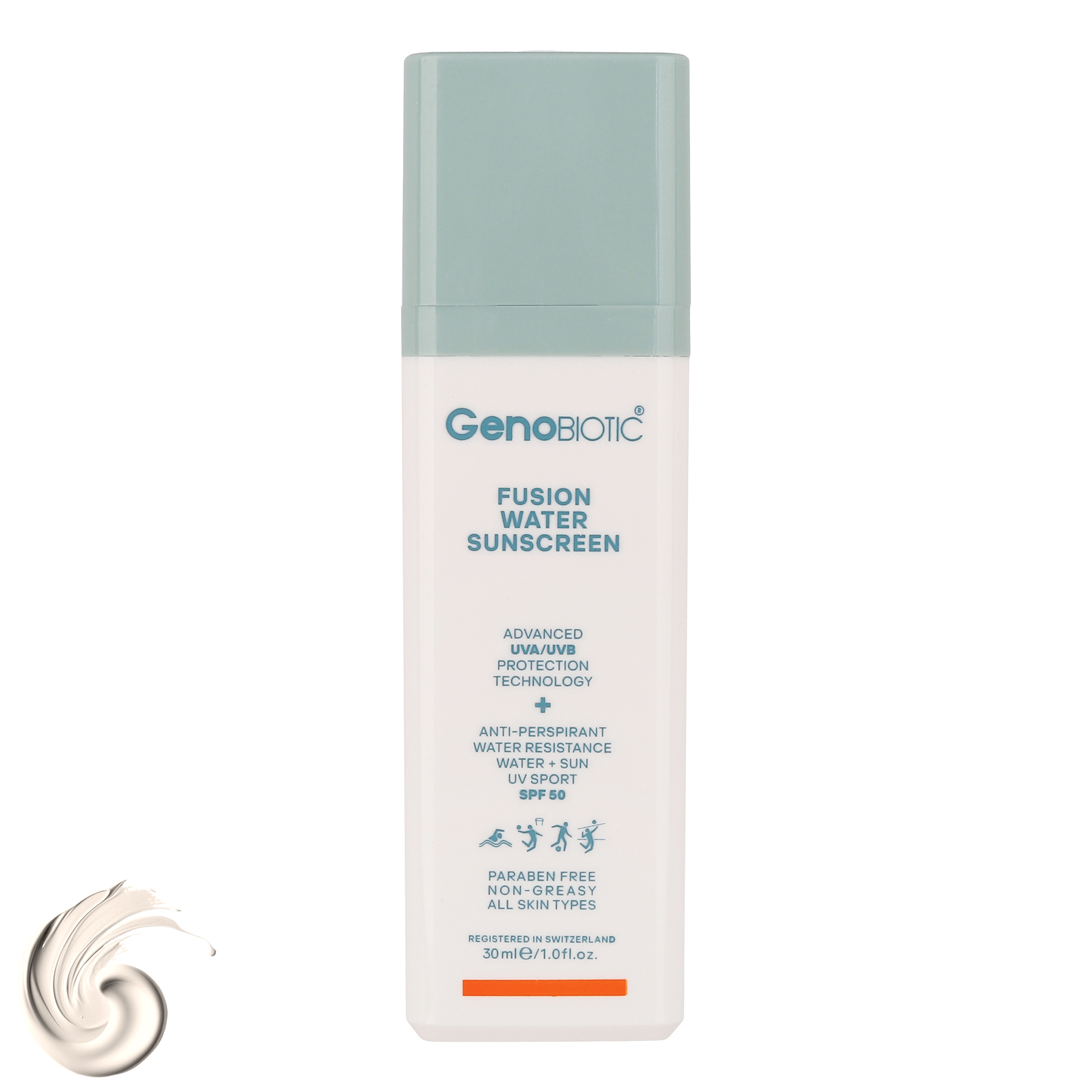 کرم ضدآفتاب بی‌رنگ ژنوبایوتیک، مدل Fusion water، حاوی محافظ UVA ،UVB، ضدآب، فاقد چربی، بدون پارابن، حاوی ویتامین E و هیالورونیک اسید مناسب انواع پوست، حجم 30 میلی‌لیتر