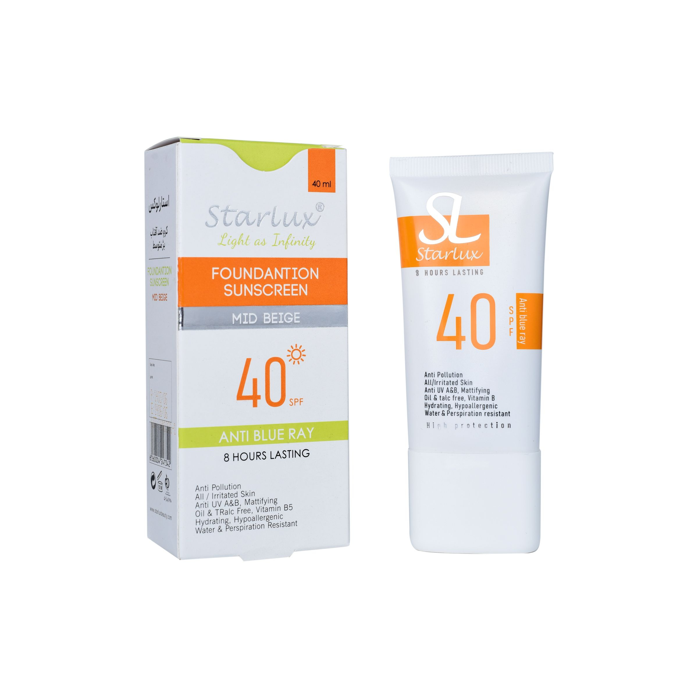 کرم ضدآفتاب رنگی استار لوکس SPF40 مدل فوق سبک، محافظ UVA و UVB و ضد اشعه آبی (Blue Ray)، ضد آب و مقاوم در برابر تعریق، آبرسان و تقویت‌کننده پوست، مناسب انواع پوست حجم 40 میلی‌لیتر