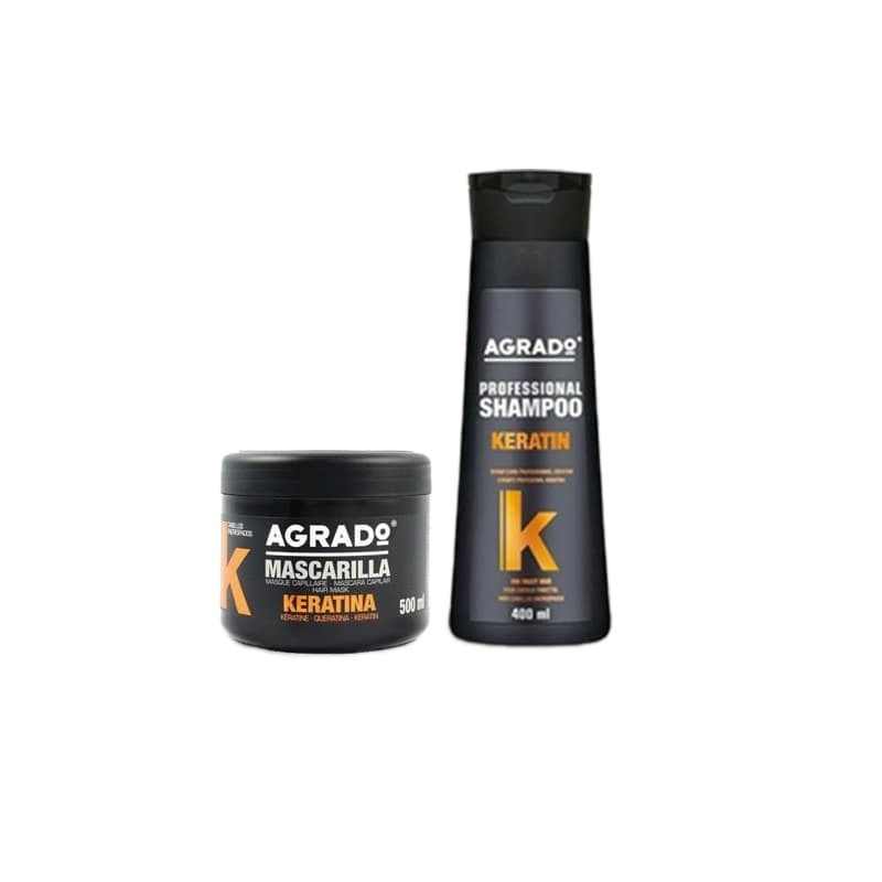 ماسک مو آگرادو مدل Keratina حجم 500 میلی لیتر به همراه شامپو مو مدل Keratin حجم 400 میلی لیتر