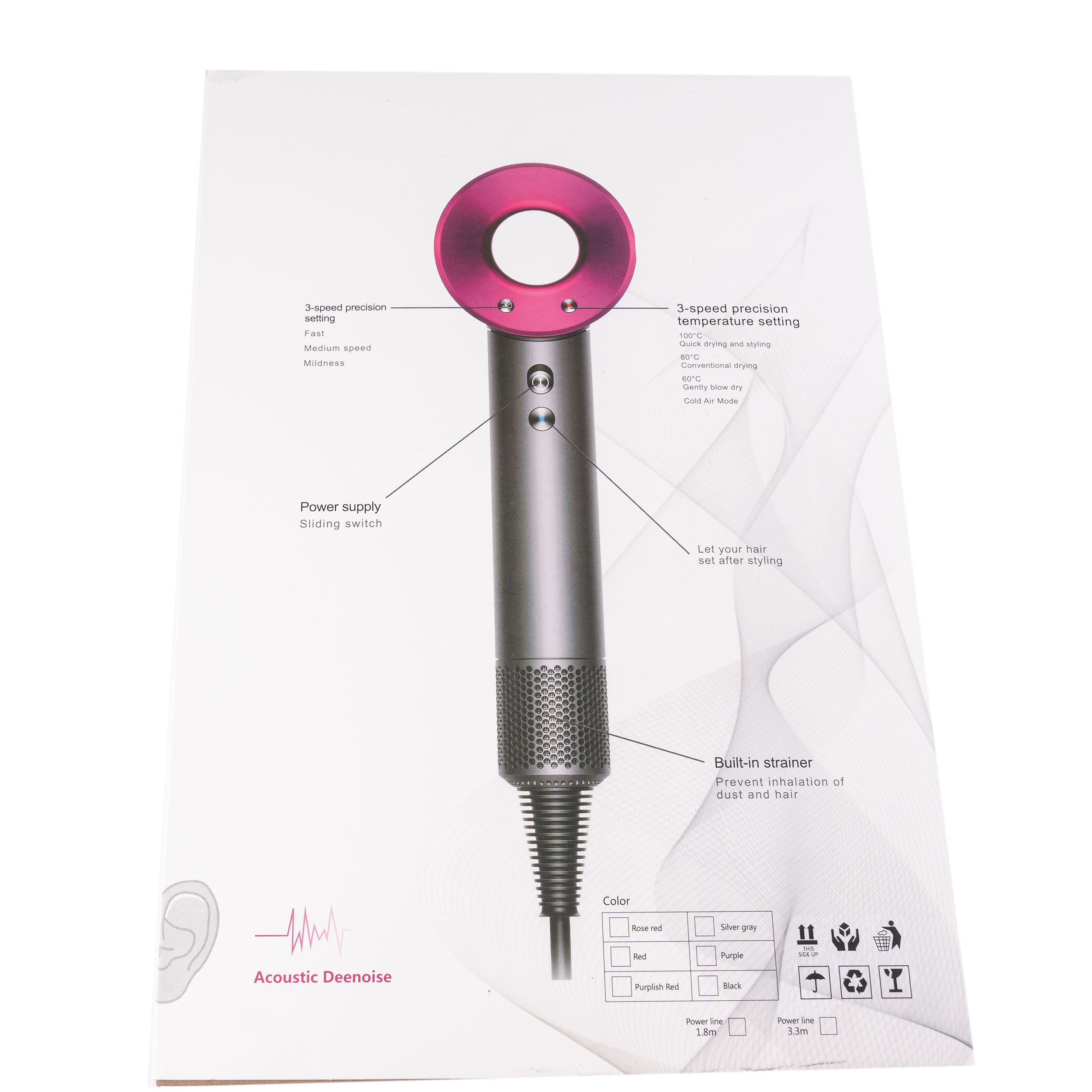 سشوار حرفه‌ای فیکورس مدل سوپرسونیک، موتور AC با توان مصرفی 1600 وات، دارای قابلیت باد سرد، قابلیت تعویض سری، دارای سیم گردان، با حالت صاف‌کننده و حجم‌دهنده، وزن 1200 گرم، تنظیم حرارت 3 حالته و کنترل سرعت 3 حالته، به همراه دیسپانسر و 5 عدد سری متمرکزکننده