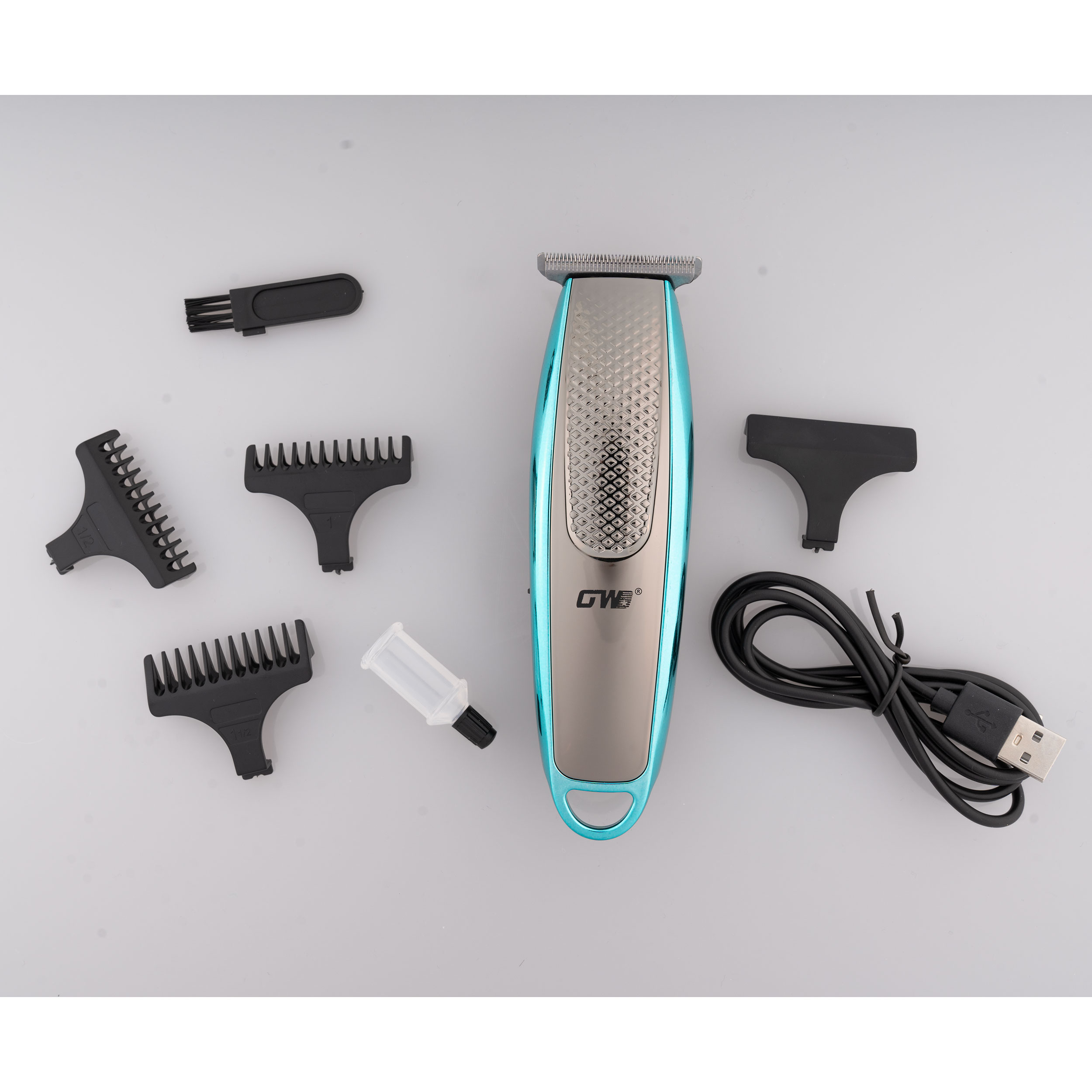 ماشین اصلاح موی سر و صورت جی دبلیو مدل GW-9753، اصلاح به صورت صفر زن، خط زن، نمایشگر وضعیت باتری، منبع انرژی با کابل USB، تکنولوژی اصلاح به صورت تریم، مدت زمان شارژ 90 دقیقه و مدت زمان استفاده پس از شارژ 100 دقیقه، به‌همراه کابل USB، محافظ، برس، روغن