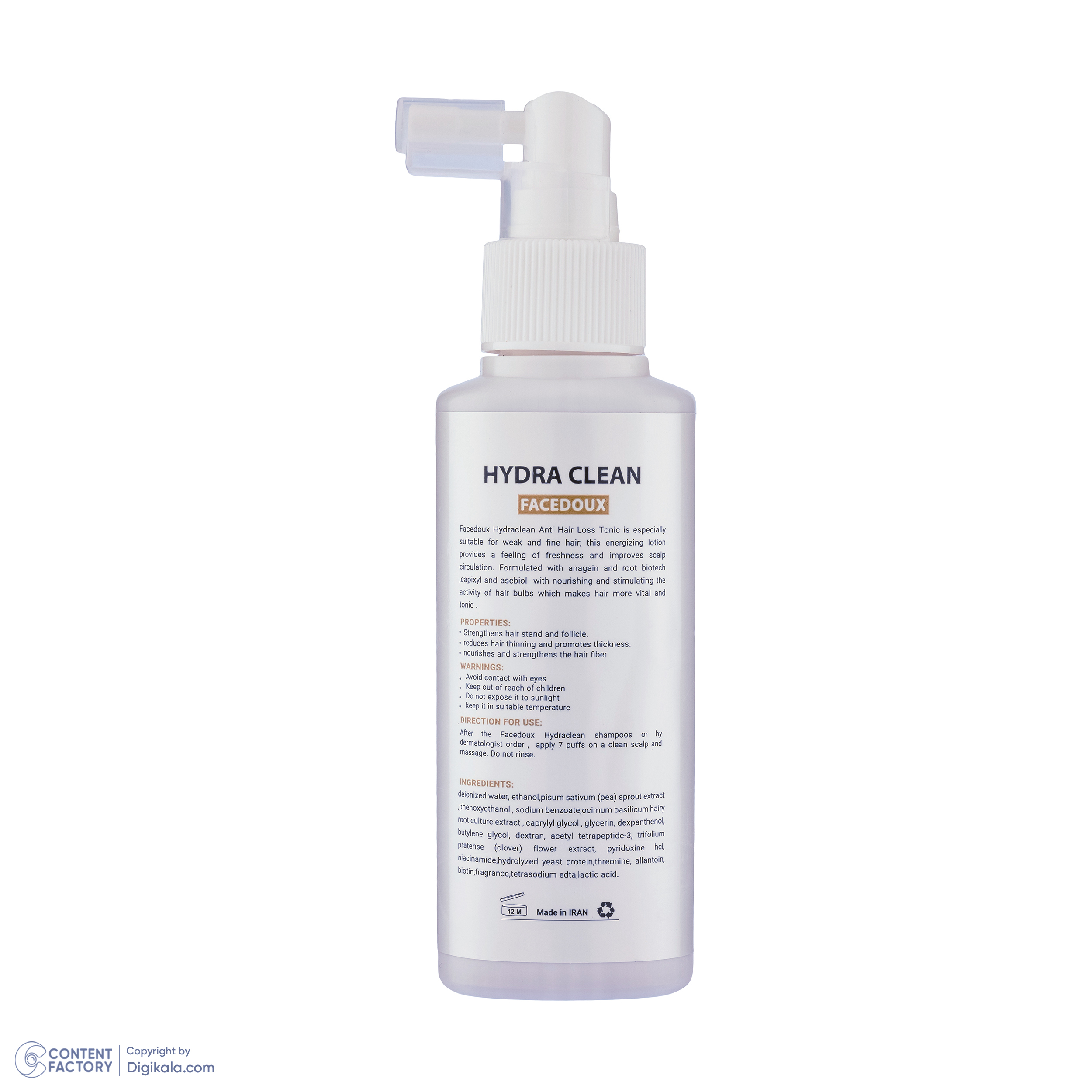 تونیک تقویت کننده و ضد ریزش مو سر هدراکلین مدل FACEDOUX مناسب موهای نازک و ضعیف حجم 100 میلی‌لیتر