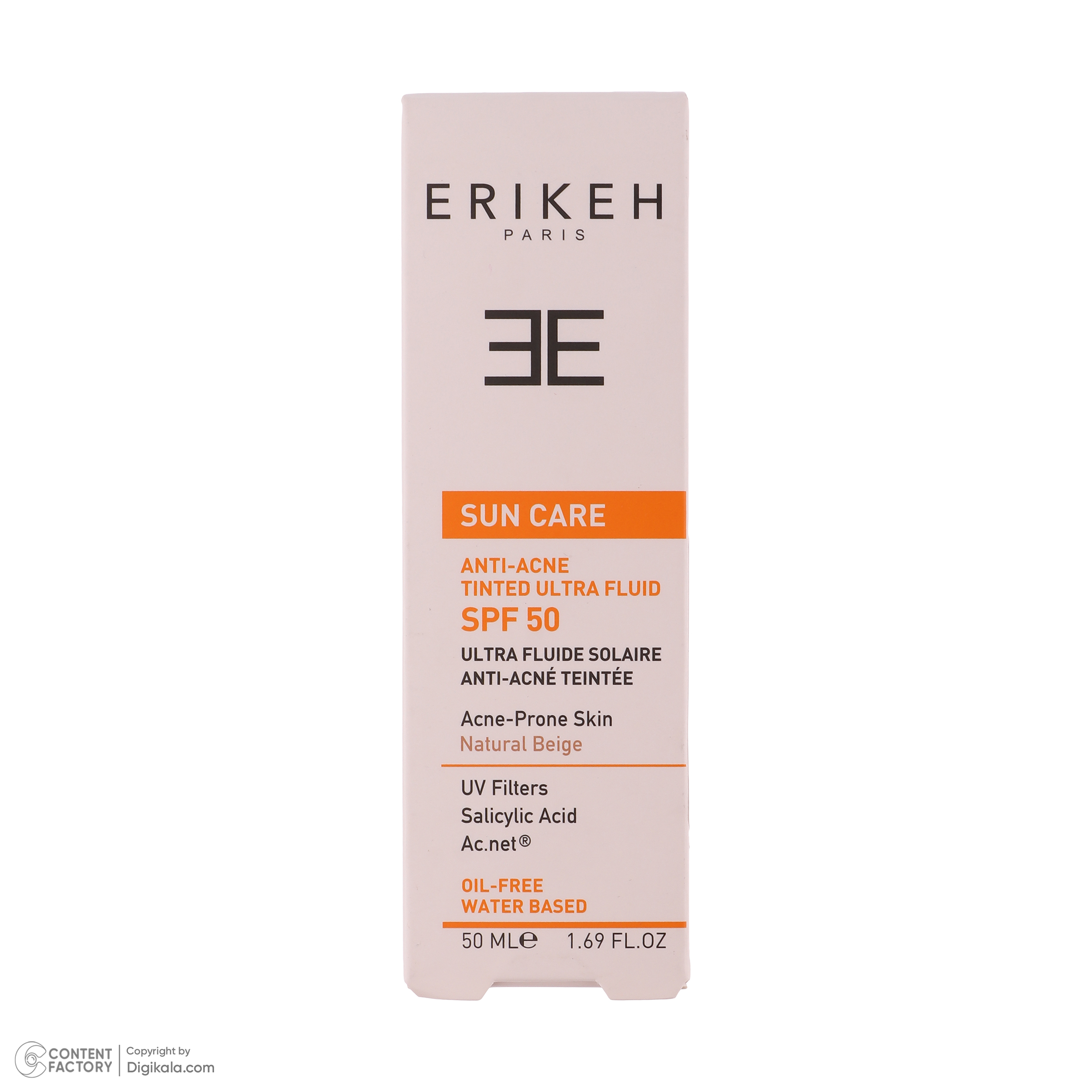 کرم ضد آفتاب رنگی صورت اریکه SPF 50 مدل Anti-Acne حاوی محافظ UVA و UVB مناسب پوست‌های آکنه‌ ای حجم 50 میلی لیتر