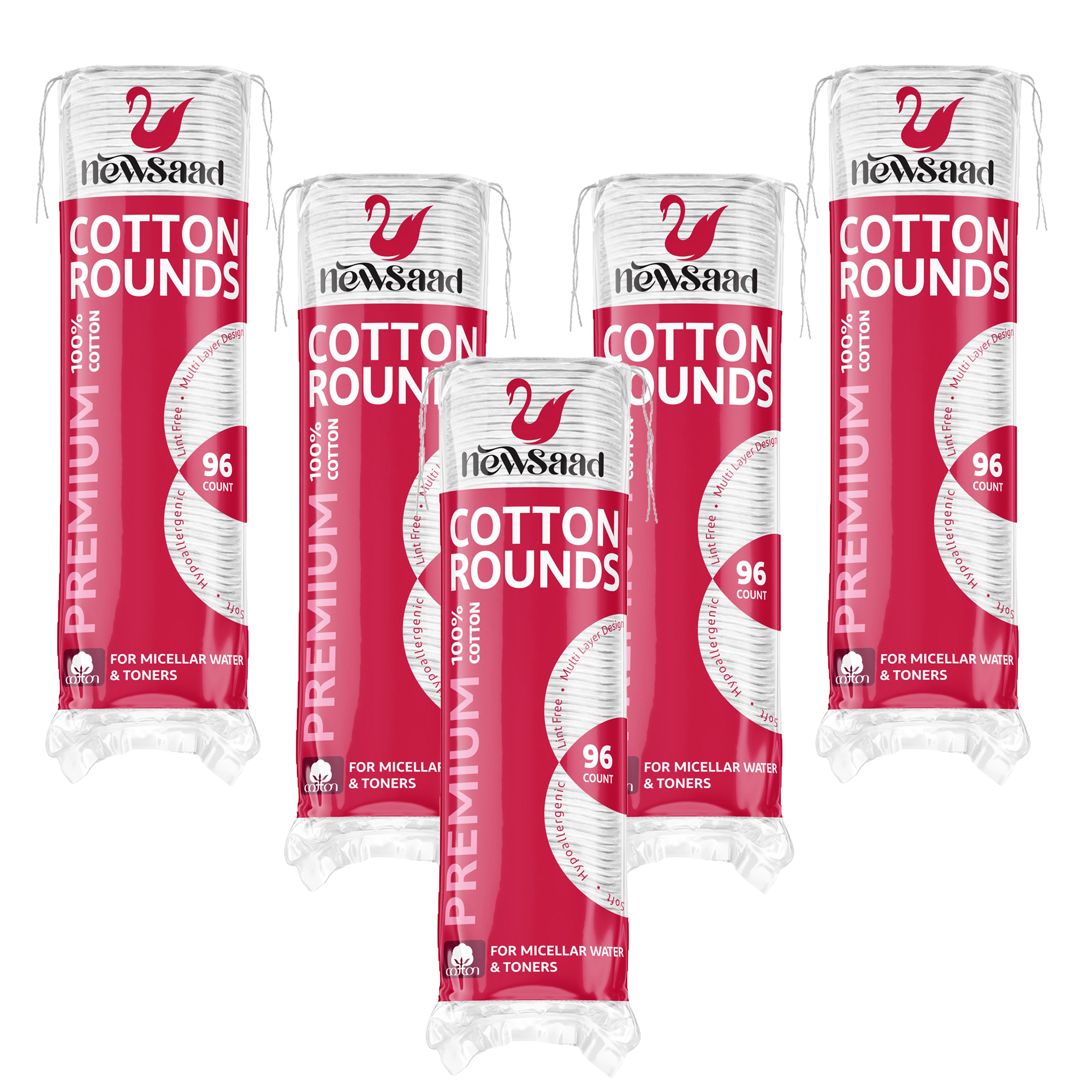پد پاک‌کننده آرایش صورت نیوساد مدل Cotton-Rounds پنج بسته 96 عددی