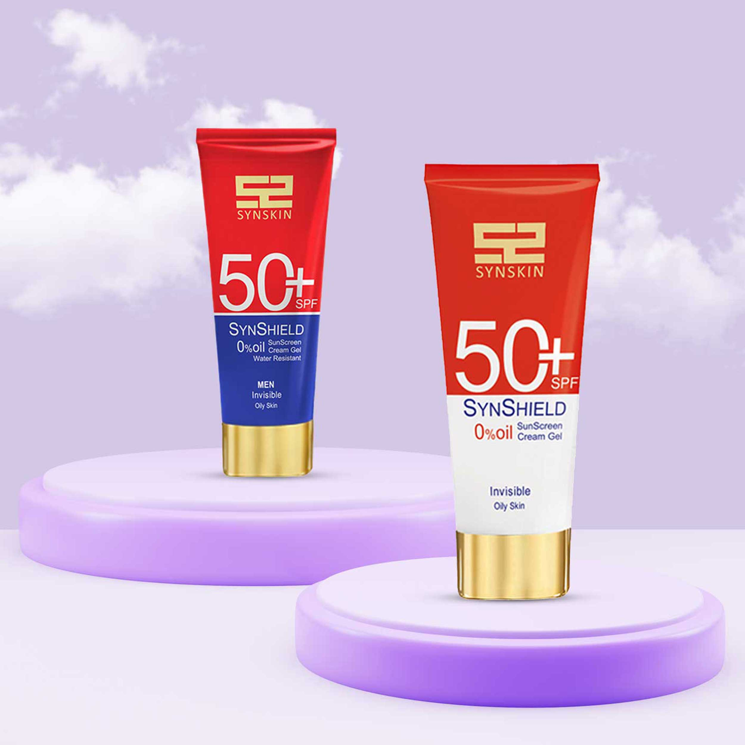ژل کرم ضدآفتاب بی‌رنگ ساین اسکین SPF50 مدل ساین شیلد، مناسب پوست‌های چرب، حجم 50 میلی‌لیتر به همراه کرم ژل ضدآفتاب آقایان مدل ساین شیلد