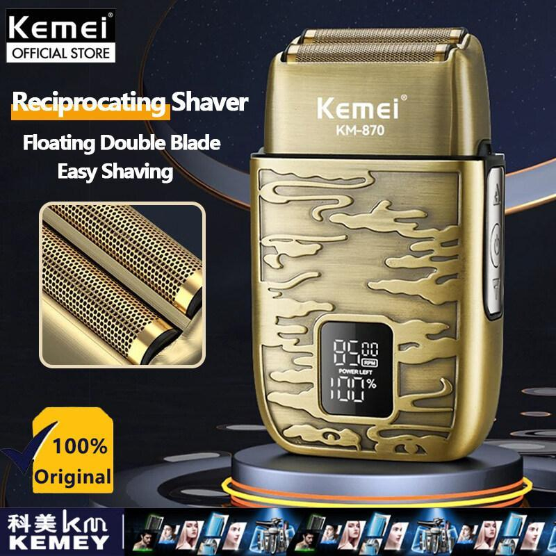 ماشین اصلاح موی صورت و بدن کیمی مدل KM-870، اصلاح به صورت صفر زن، ضد آب، نمایشگر LED، منبع انرژی با باتری قابل شارژ، تکنولوژی اصلاح به صورت شیو فویلی، مدت زمان شارژ 90 دقیقه و مدت زمان استفاده پس از شارژ 90 دقیقه، به‌همراه کابل شارژ USB، برس، روغن