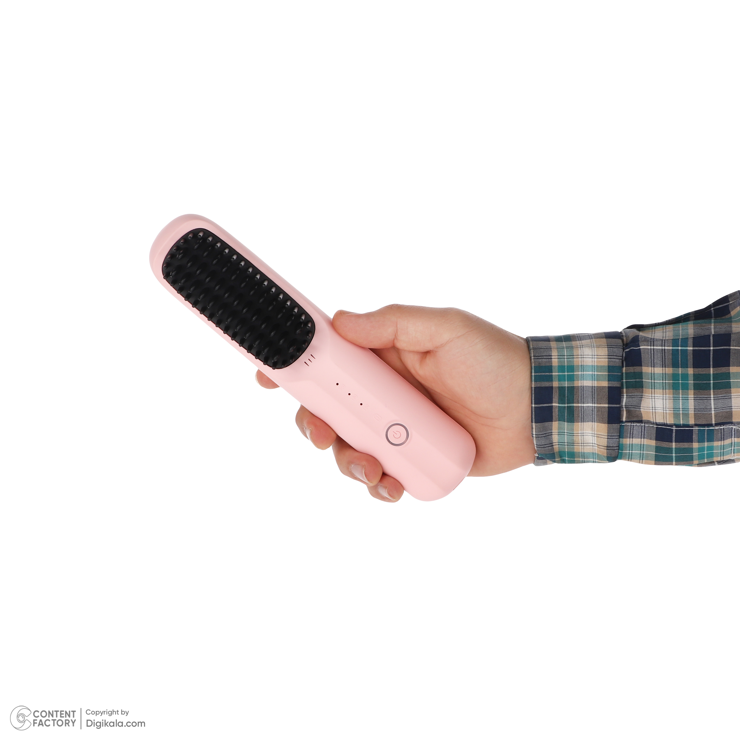 برس حرارتی مدل بیسیم کد S7، با صفحات متوسط از جنس سرامیک، دارای شانه و دو عدد کلیپس، گستره دما 180 تا 200 درجه سانتیگراد، به همراه کابل USB پنجاه سانتیمتری