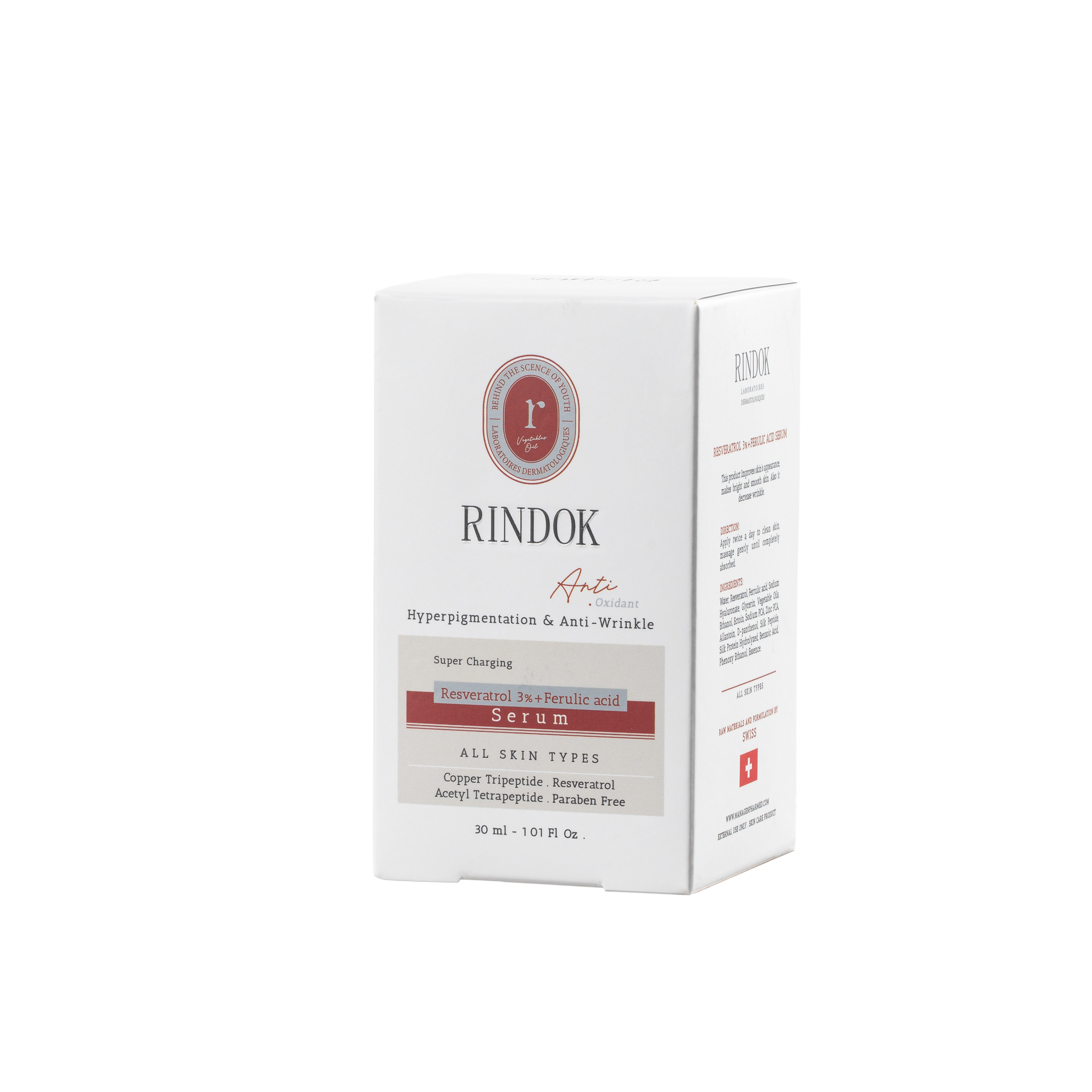 سرم پوست جوانساز ریندوک مدل رزوراترول و فرولیک اسید مناسب برای انواع پوست حجم 30 میلی لیتر