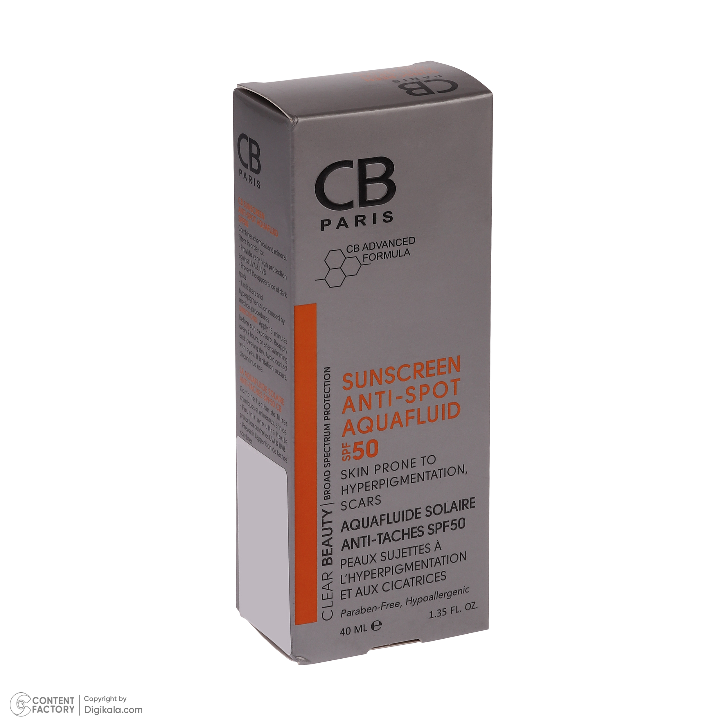 فلوئید ضد آفتاب بدون رنگ سی بی پاریس spf50 مدل Anti-Spot محافظ UVA،UVB مناسب پوست های  حساس و آکنهدار حجم 40 میلی لیتر