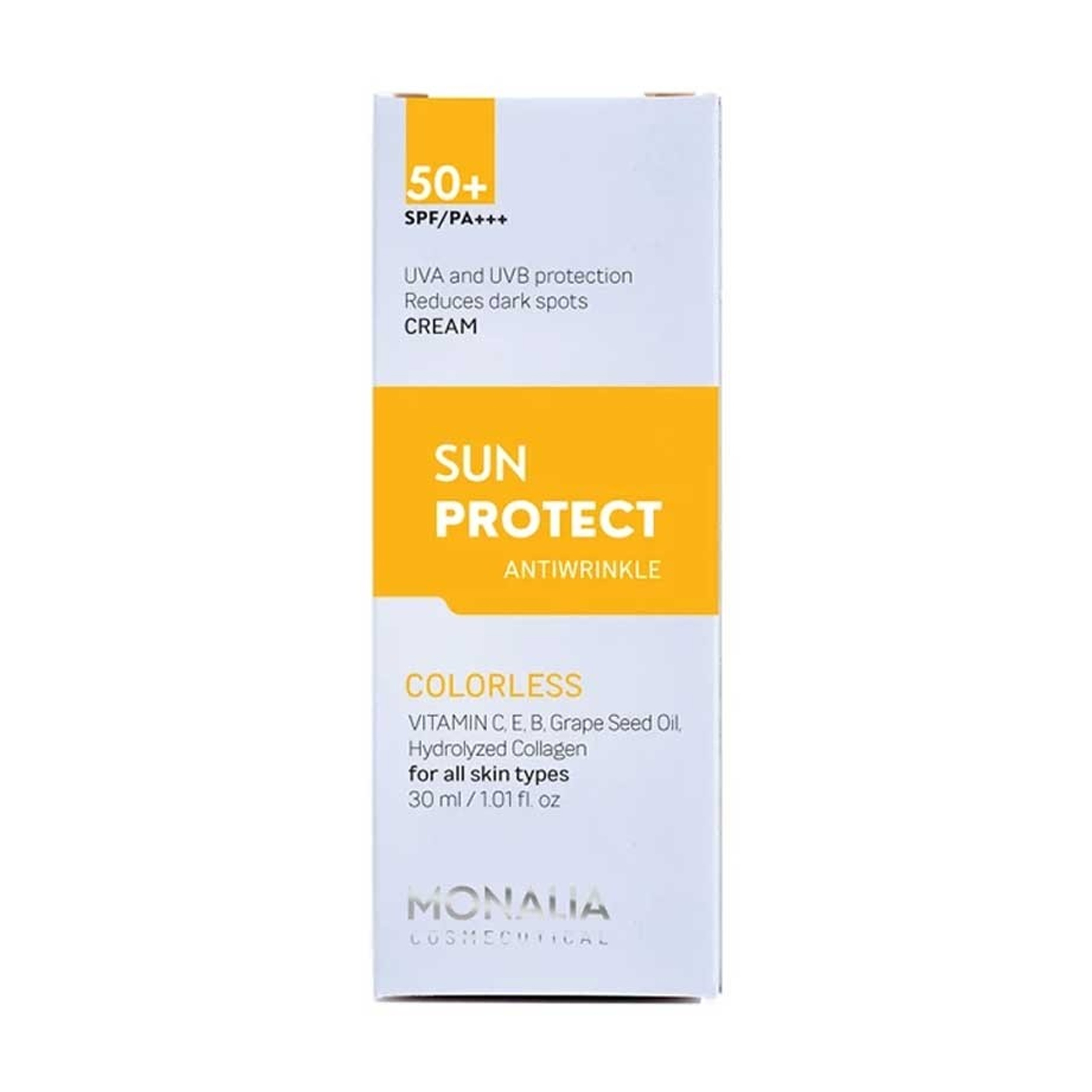 کرم ضد آفتاب بی‌‌‌رنگ مونالیا، 50 SPF، مدل SUNPROTECT،  مناسب انواع پوست با حجم 30 میلی‌لیتر، محافظت‌کننده در برابر اشعه‌های UVA و UVB، ضد آب، PA+++، ضد چروک، دارای فرمولاسیون کلاژن، ویتامین‌های E، C و B، بدون پارابن، الکل و چربی، با ماندگاری 3 ساعته