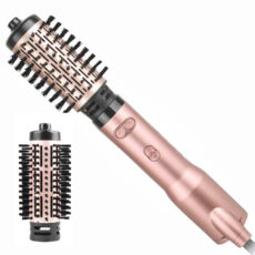 سشوار برسدار چرخشی حرفهای انزو مدل EN 741، موتور AC با توان مصرفی 1500 وات، دارای نرمکنندهی یونی، قابلیت تعویض سری، با حالت صافکننده و حجمدهنده، وزن 700 گرم، تنظیم حرارت 1 حالته و کنترل سرعت 1 حالته، به همراه 2 عدد سری برس ۴۲ و ۵۰ میلیمتری