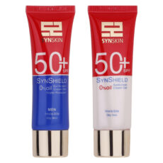 ژل کرم ضدآفتاب بی‌رنگ ساین اسکین SPF50 مدل ساین شیلد، مناسب پوست‌های چرب، حجم 50 میلی‌لیتر به همراه کرم ژل ضدآفتاب آقایان مدل ساین شیلد