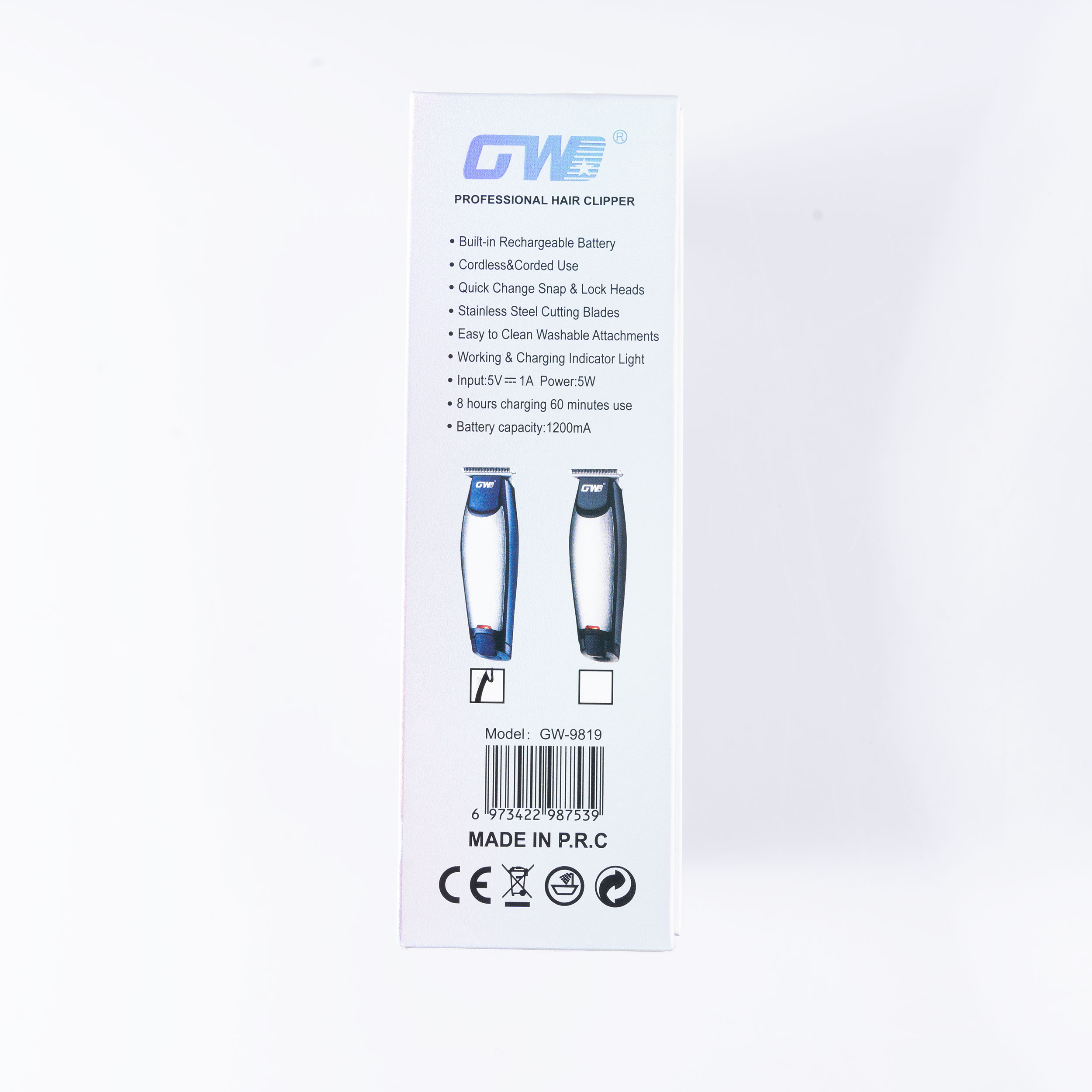 ماشین اصلاح موی سر و صورت شارژی جی دبلیو مدل G-9819، اصلاح به صورت خط زن و صفر زن، منبع انرژی با برق و باتری، تکنولوژی اصلاح به صورت تریمر، اندازه اصلاح 0.1 میلی‌متر، مدت زمان شارژ 480 دقیقه و مدت زمان استفاده پس از شارژ 60 دقیقه، به همراه شارژر و روغن