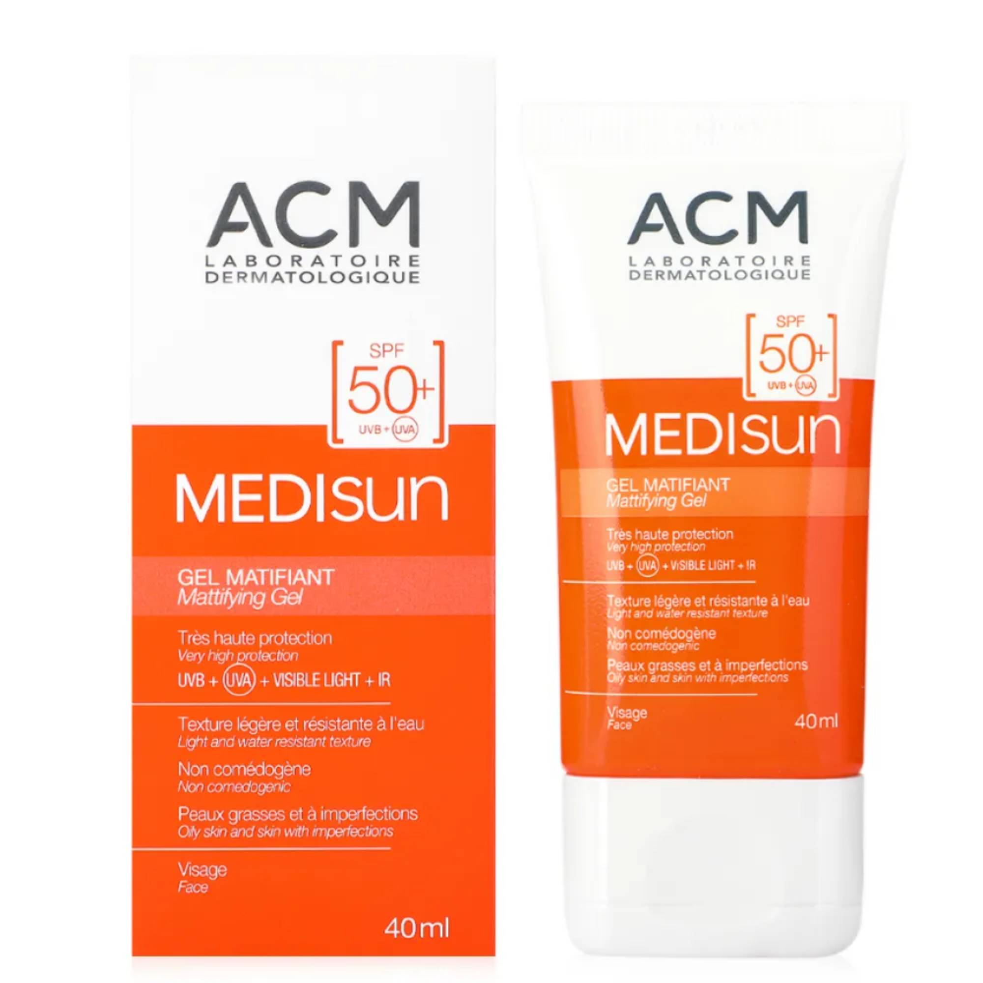 ژل ضد آفتاب بی‌رنگ صورت ای سی ام SPF50 مدل Medisun ‌محافظ UVA، UVB PA+ مناسب برای پوست‌ چرب حجم 40 میلی‌لیتر