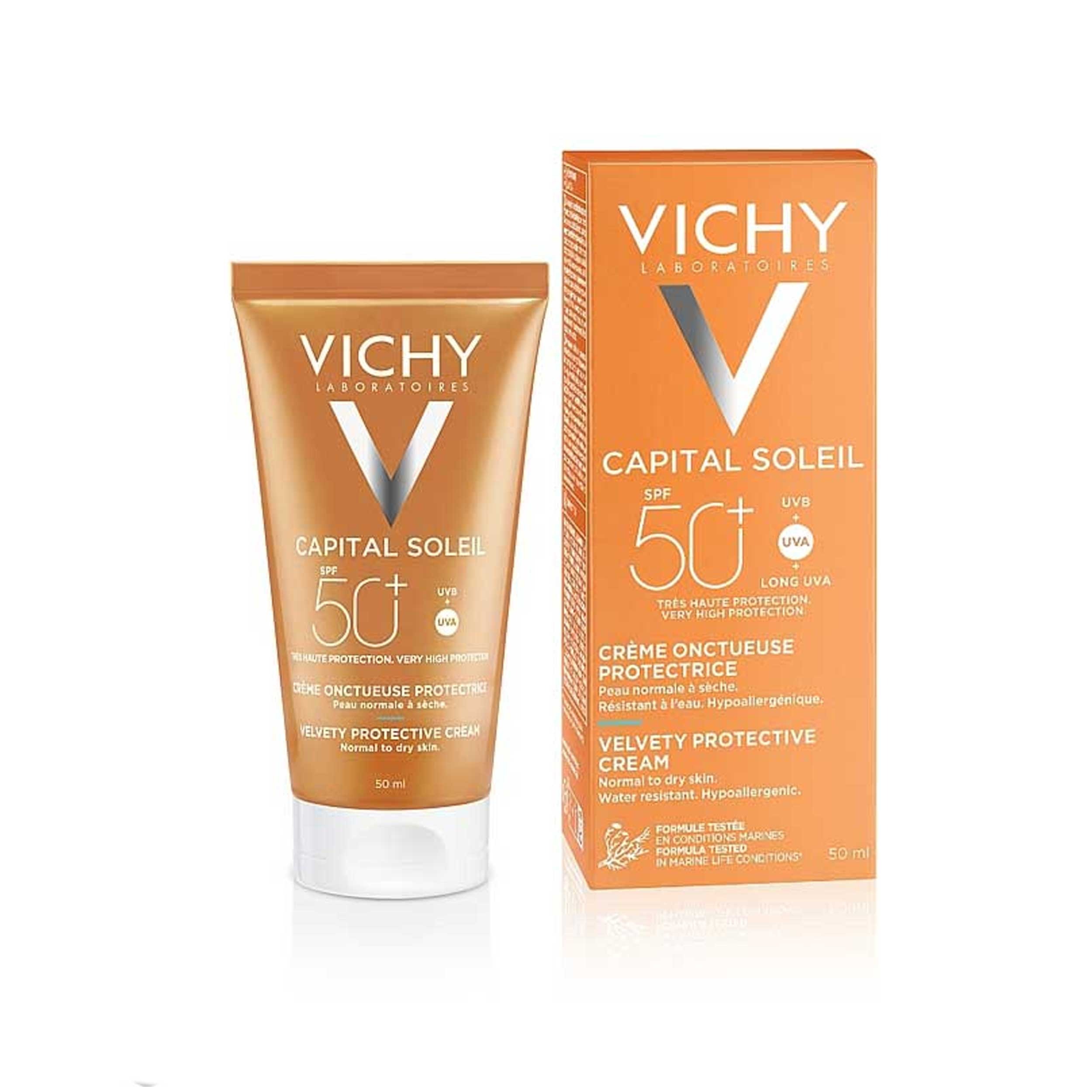 کرم ضدآفتاب بی رنگ ویشی spf 50 مدل velvety protective مناسب پوست های نرمال تا خشک حجم 50 میلی لیتر