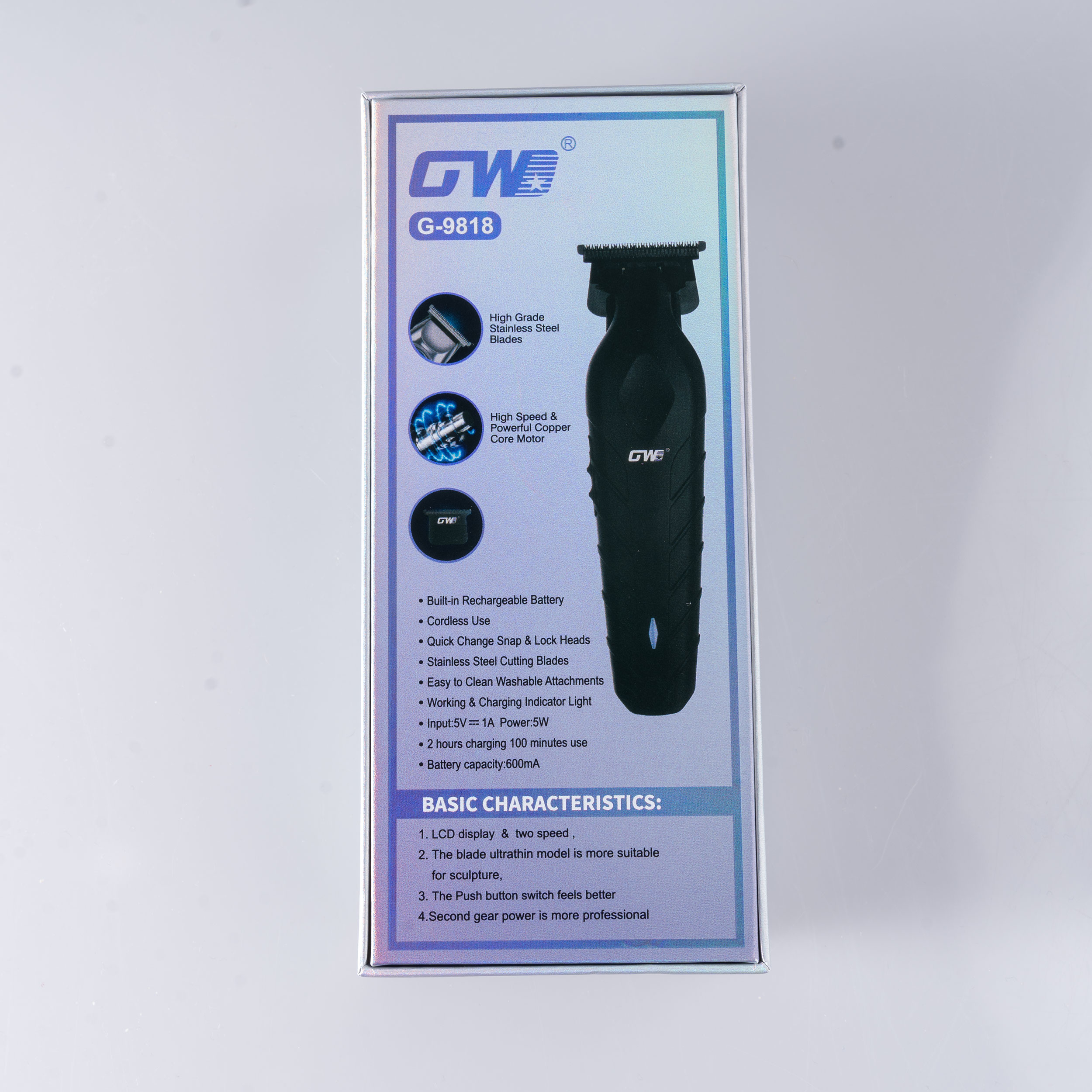 ماشین اصلاح موی سر و صورت جی دبلیو مدل G-9818، اصلاح به صورت صفر زن، خط زن، باقابلیت تنظیم سرعت و طراحی ارگونومیک، تکنولوژی اصلاح به صورت تریم، مدت زمان شارژ 120 دقیقه و مدت زمان استفاده پس از شارژ 100 دقیقه، دارای چراغ نشانگر عملکرد و شارژ و دو حالت سرعت