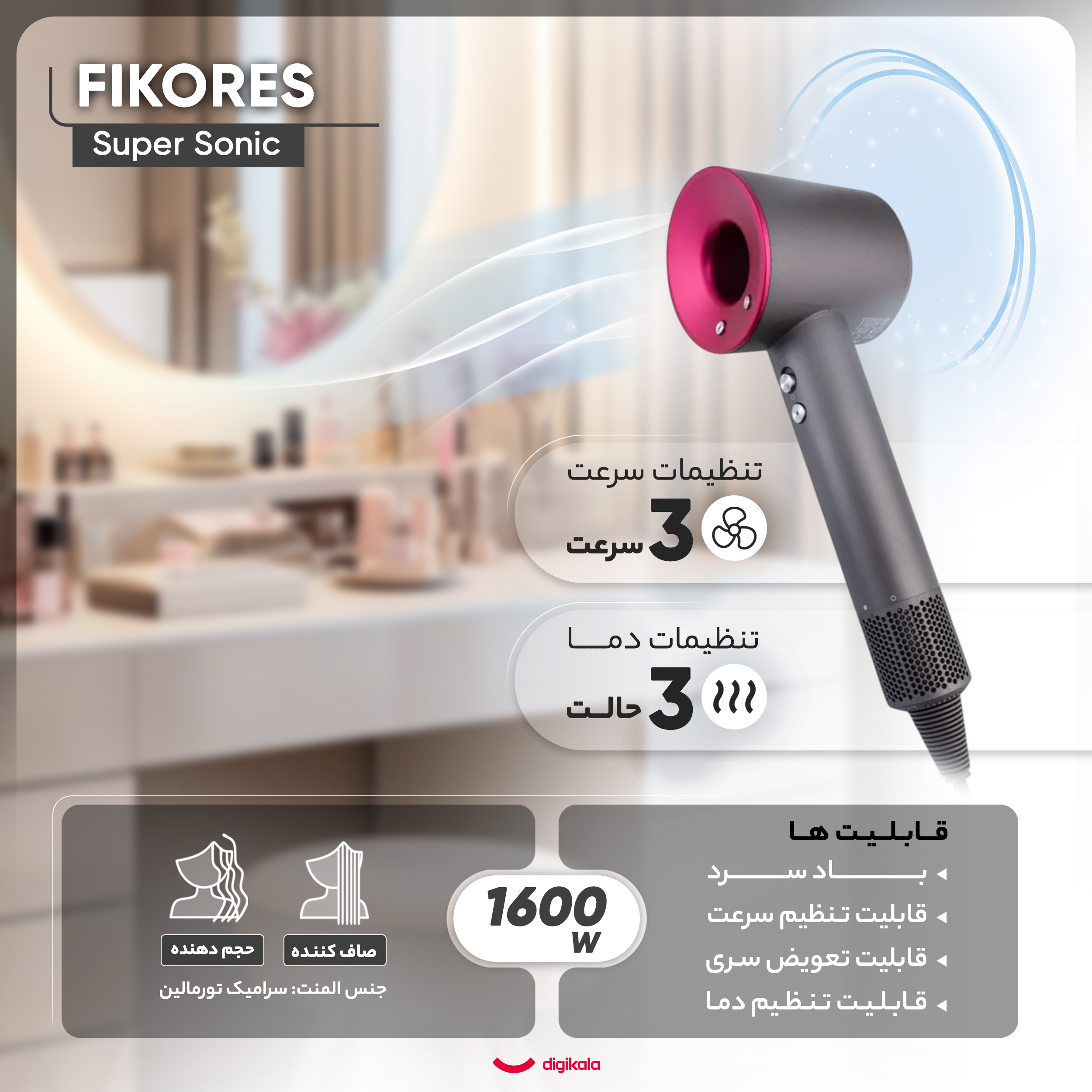 سشوار حرفه‌ای فیکورس مدل سوپرسونیک، موتور AC با توان مصرفی 1600 وات، دارای قابلیت باد سرد، قابلیت تعویض سری، دارای سیم گردان، با حالت صاف‌کننده و حجم‌دهنده، وزن 1200 گرم، تنظیم حرارت 3 حالته و کنترل سرعت 3 حالته، به همراه دیسپانسر و 5 عدد سری متمرکزکننده
