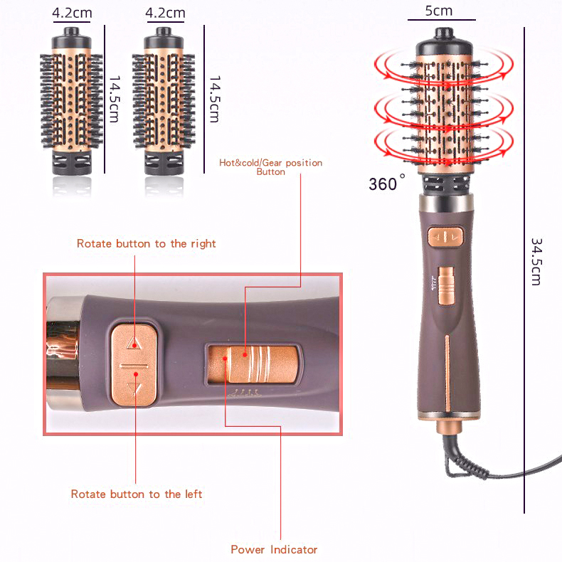 سشوار برسدار چرخشی حرفهای انزو مدل EN-743، موتور DC با توان مصرفی 1500 وات، دارای قابلیت تعویض سری، باد سرد، با حالت صافکننده و حجمدهنده، وزن 700 گرم، تنظیم حرارت 2 حالته و کنترل سرعت 2 حالته، به همراه 2 سری برسدار