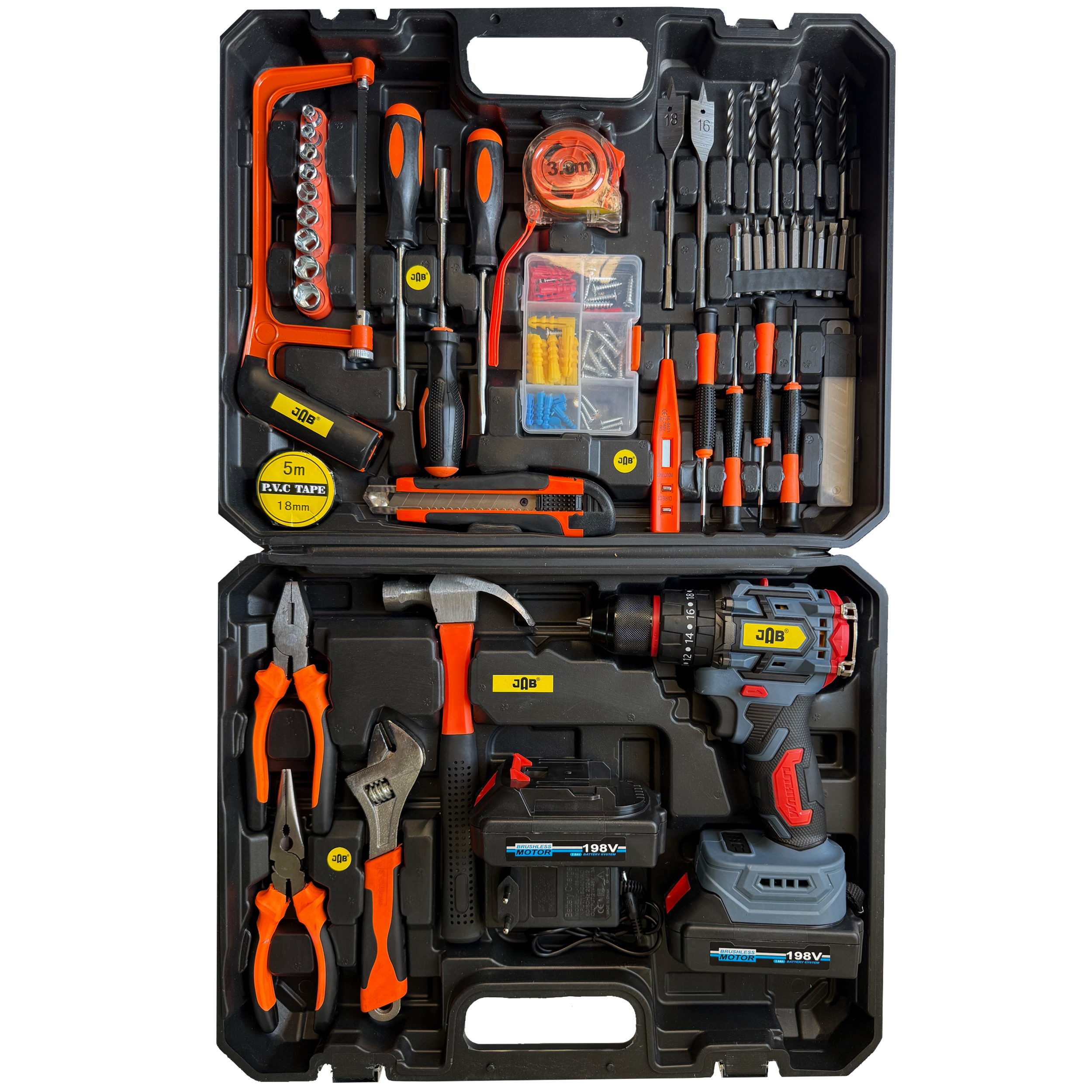 دریل پیچ گوشتی چکشی شارژی سه نظام فلزی  10 میلیمتر 198 ولت جاب مدل JB-198 POWER FULL KIT مجموعه 210 عددی